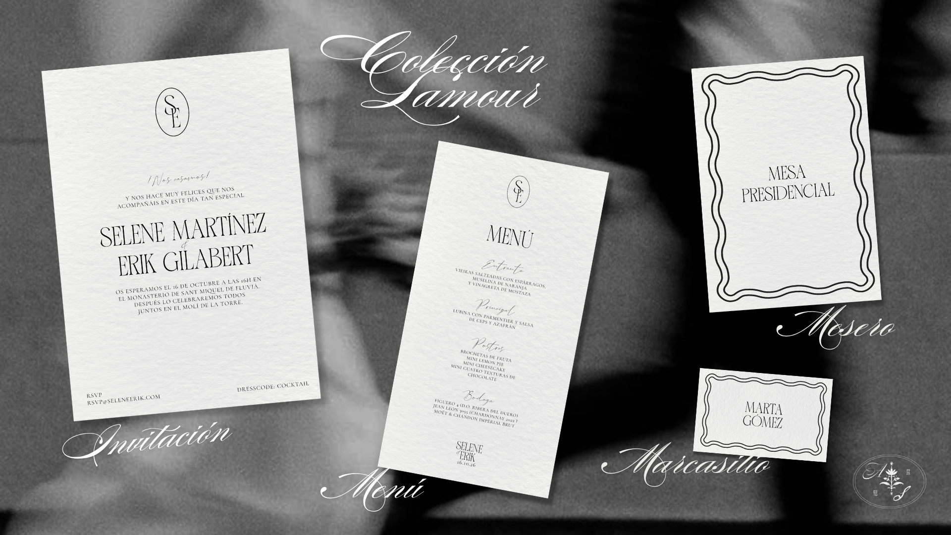 Colección Lavour, invitación de boda en color negro y blanco con diseño elegante. Incluye invitación, menú, tarjeta de mesa presidencial y tarjeta de nombre, con textos en diferentes estilos y bordes decorativos.