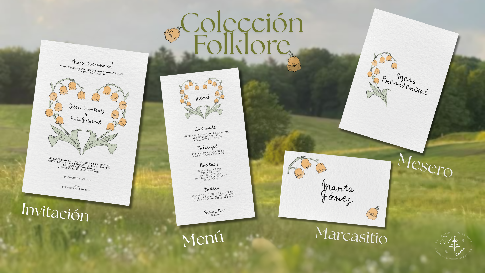  Colección de papelería de estilo folklore con ilustraciones de flores, incluyendo invitación, menú, marquesito, mesero y tarjeta de despedida, con fondo de campo y árboles.