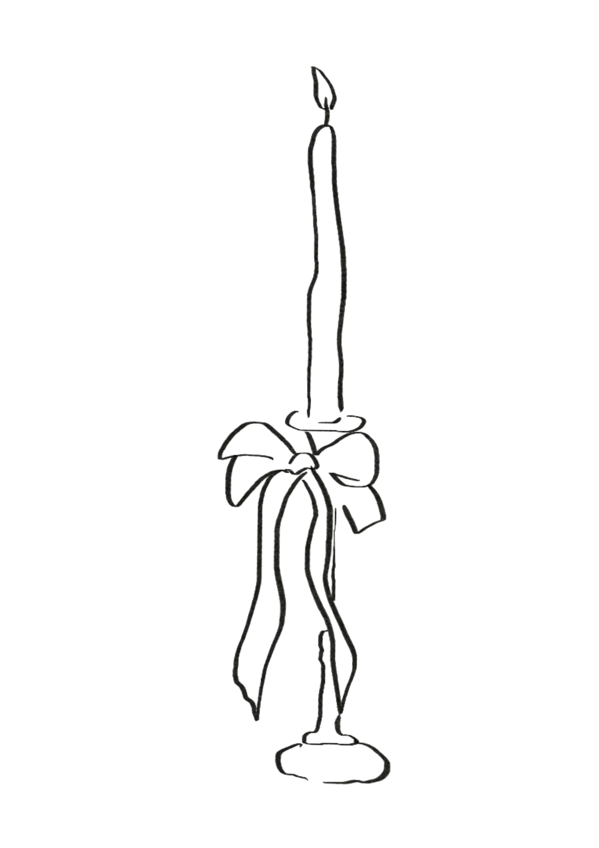 Dibujo en línea de una vela encendida con un moño y cinta decorativa alrededor del soporte.