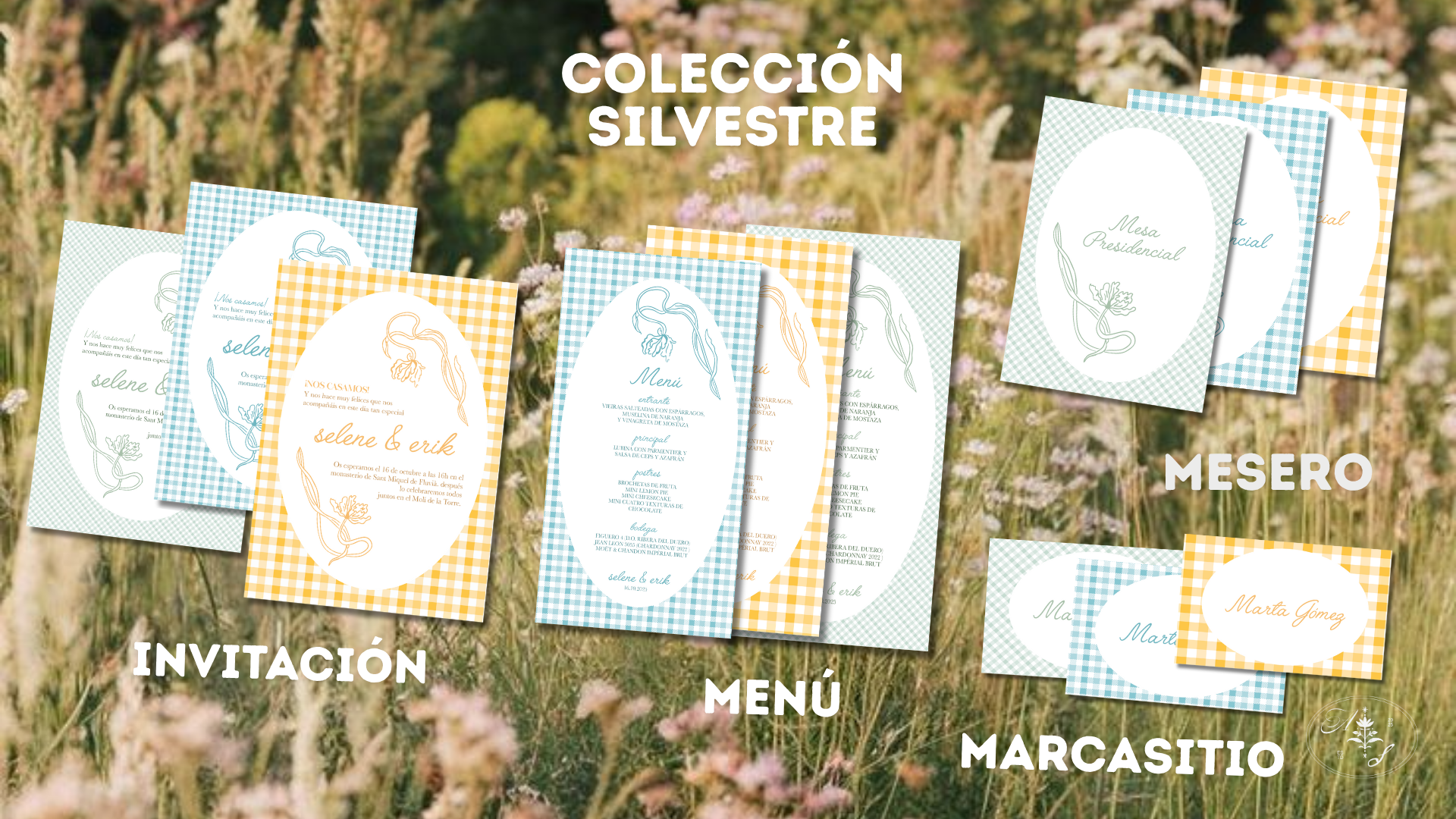 Colección de papelería temática silvestre con invitaciones, menús, marcadores y meseros en colores pastel de cuadros y líneas de flores, en un fondo de campo con flores silvestres.