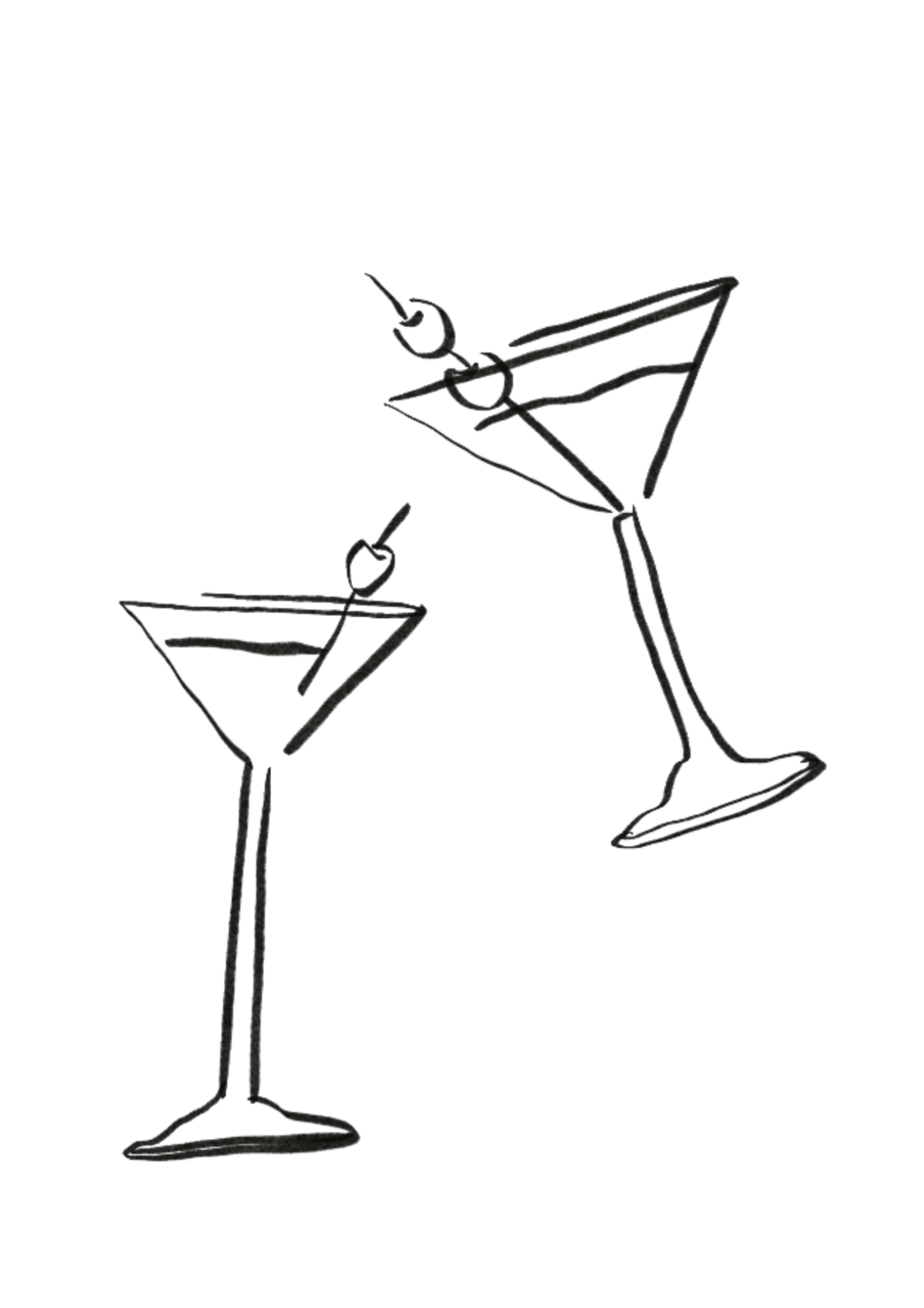 Dibujo de dos cócteles con una aceituna y una cereza, uno en un vaso largo y el otro en una copa con borde, ambos con pajillas.