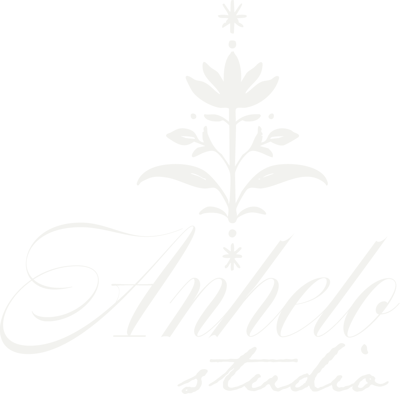 Una ilustración de una flor estilizada con pétalos y hojas, con el texto "Angel studio" en letras cursivas.