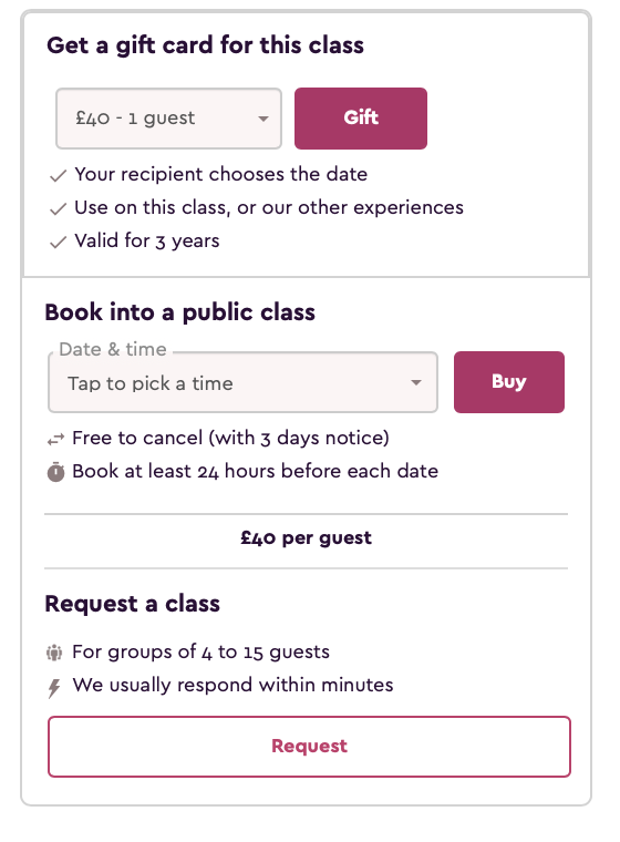 Screenshot of a webpage offering options to get a gift card, book into a public class, or request a class, with prices and instructions.
