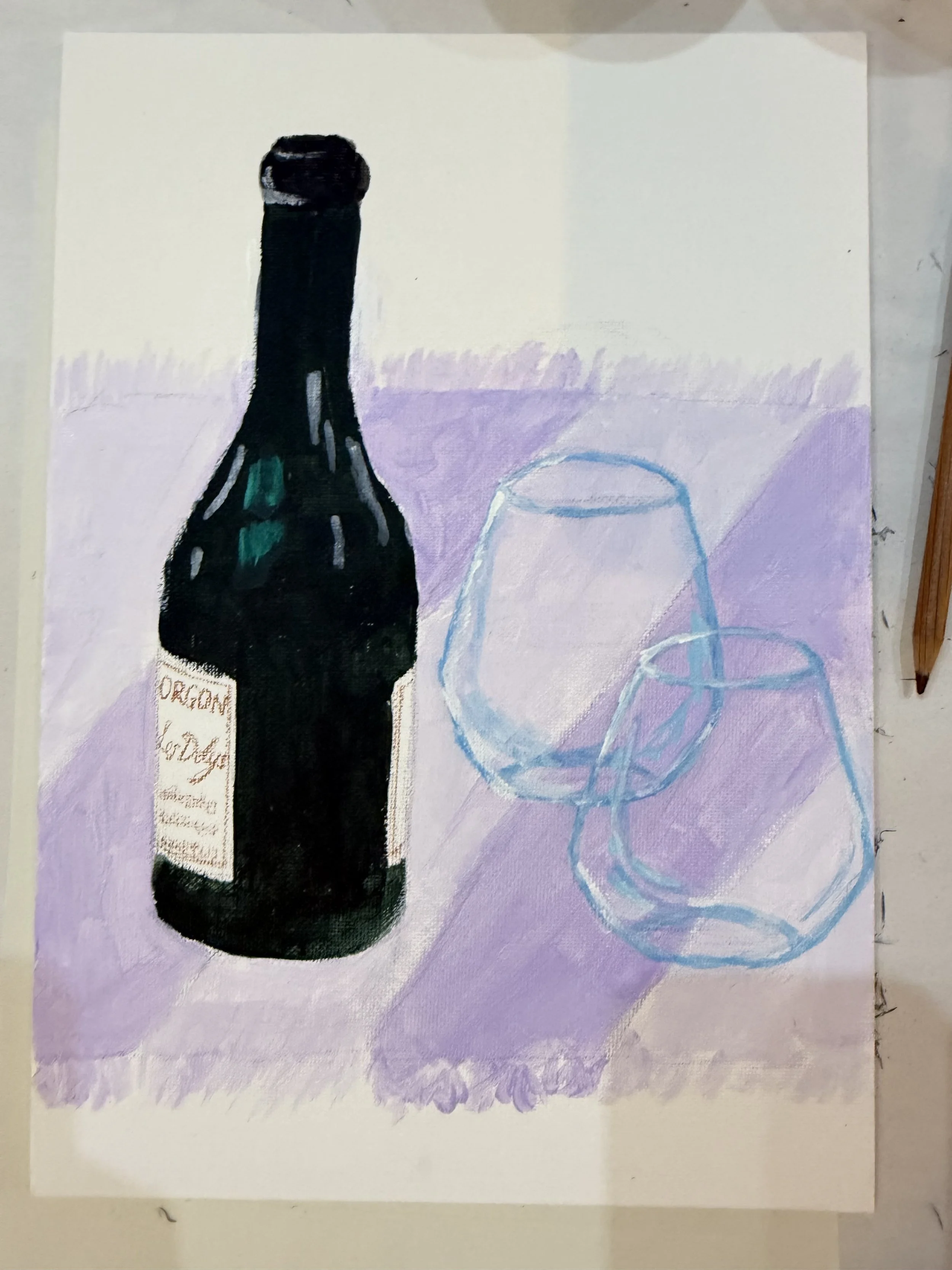 Painting of a dark green and black wine bottle with a handwritten label, and three empty, light blue wine glasses on a purple and white background.