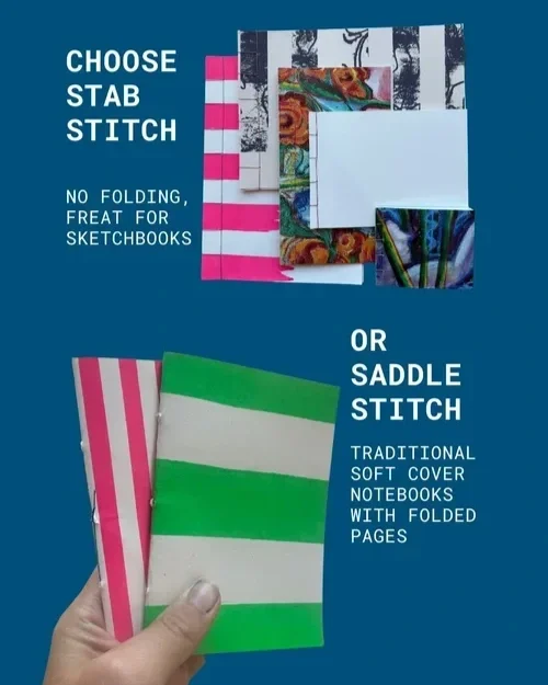 Diagram comparing two notebook cover sewing options: choose stab stitch, which does not fold, and saddle stitch, a traditional soft cover with folded pages. The image shows samples of fabric and folded notebooks for both methods.