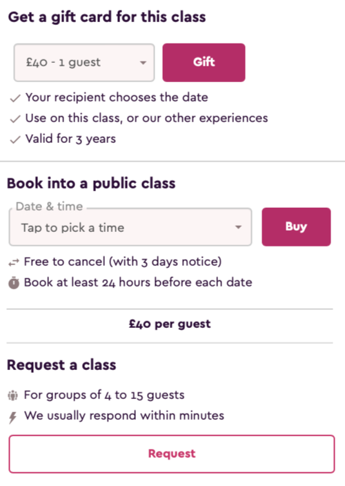 Screenshot of a class registration webpage offering options to gift a class, book a public class, and request a class, with details on costs, booking policies, and group sizes.