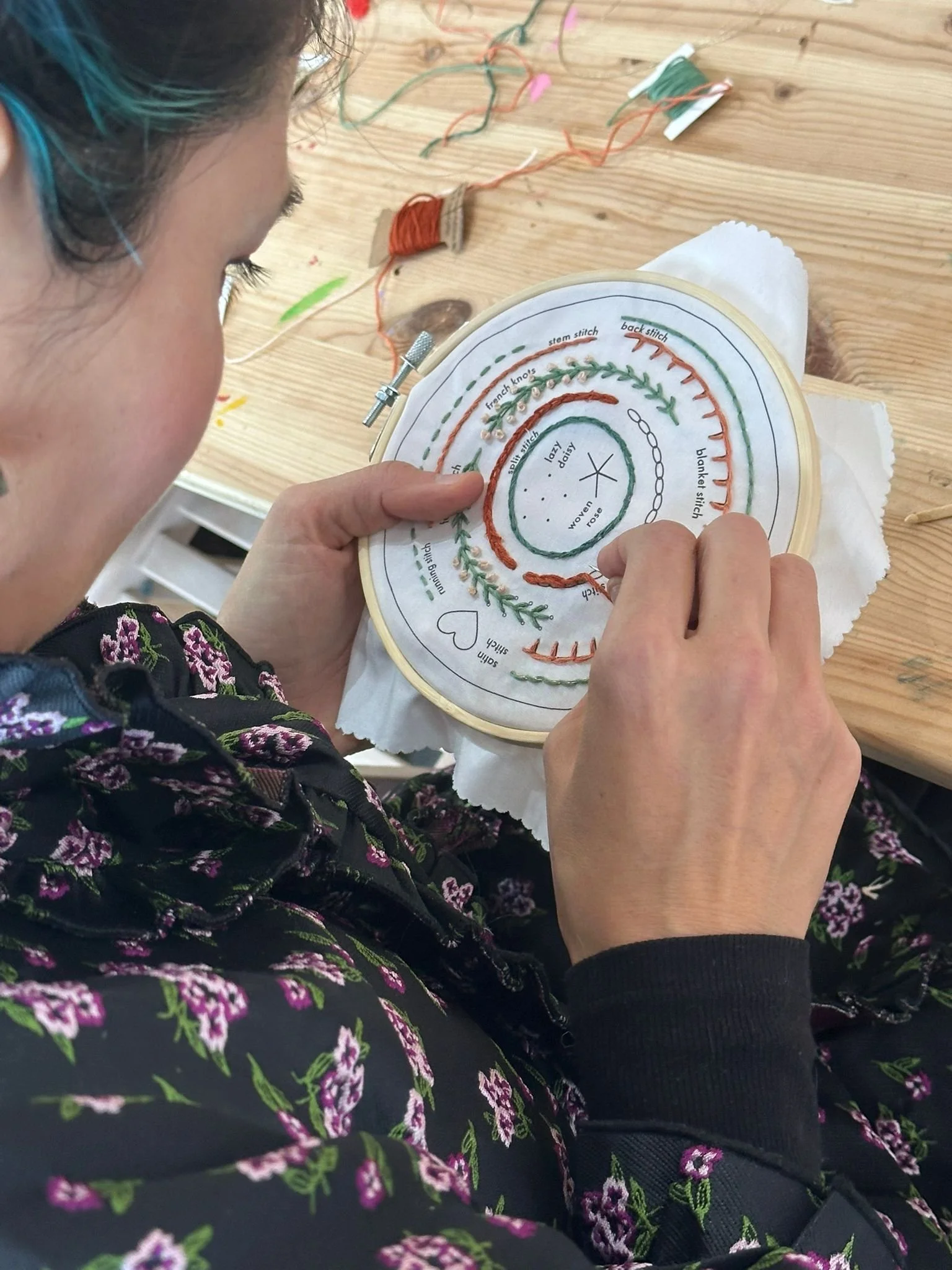 A person using embroidery hoop to stitch a design with orange and green thread on fabric, surrounded by sewing thread spools, on a wooden table.