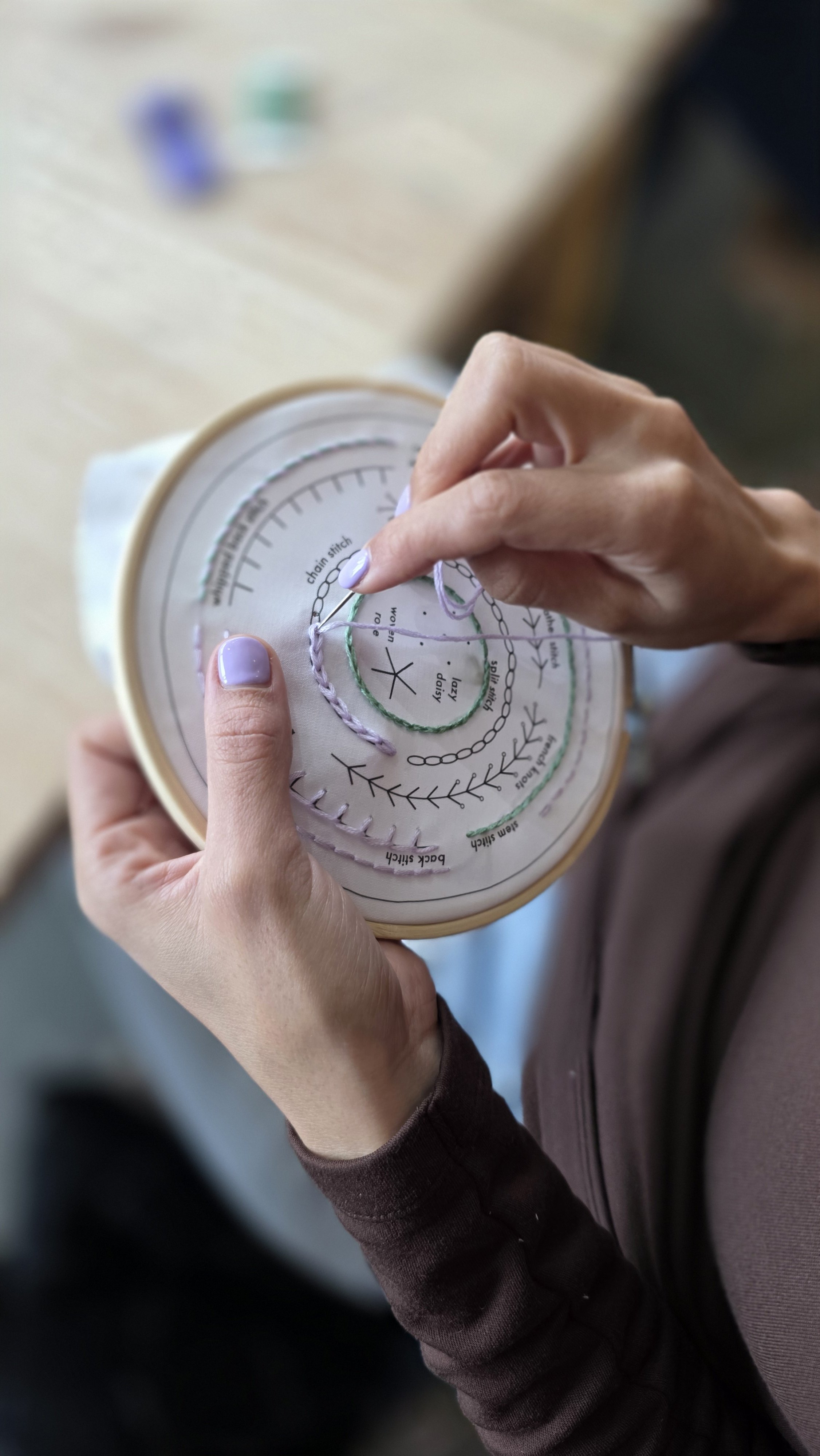 Person sewing embroidery on fabric using an embroidery hoop, focusing on hands and embroidery details.
