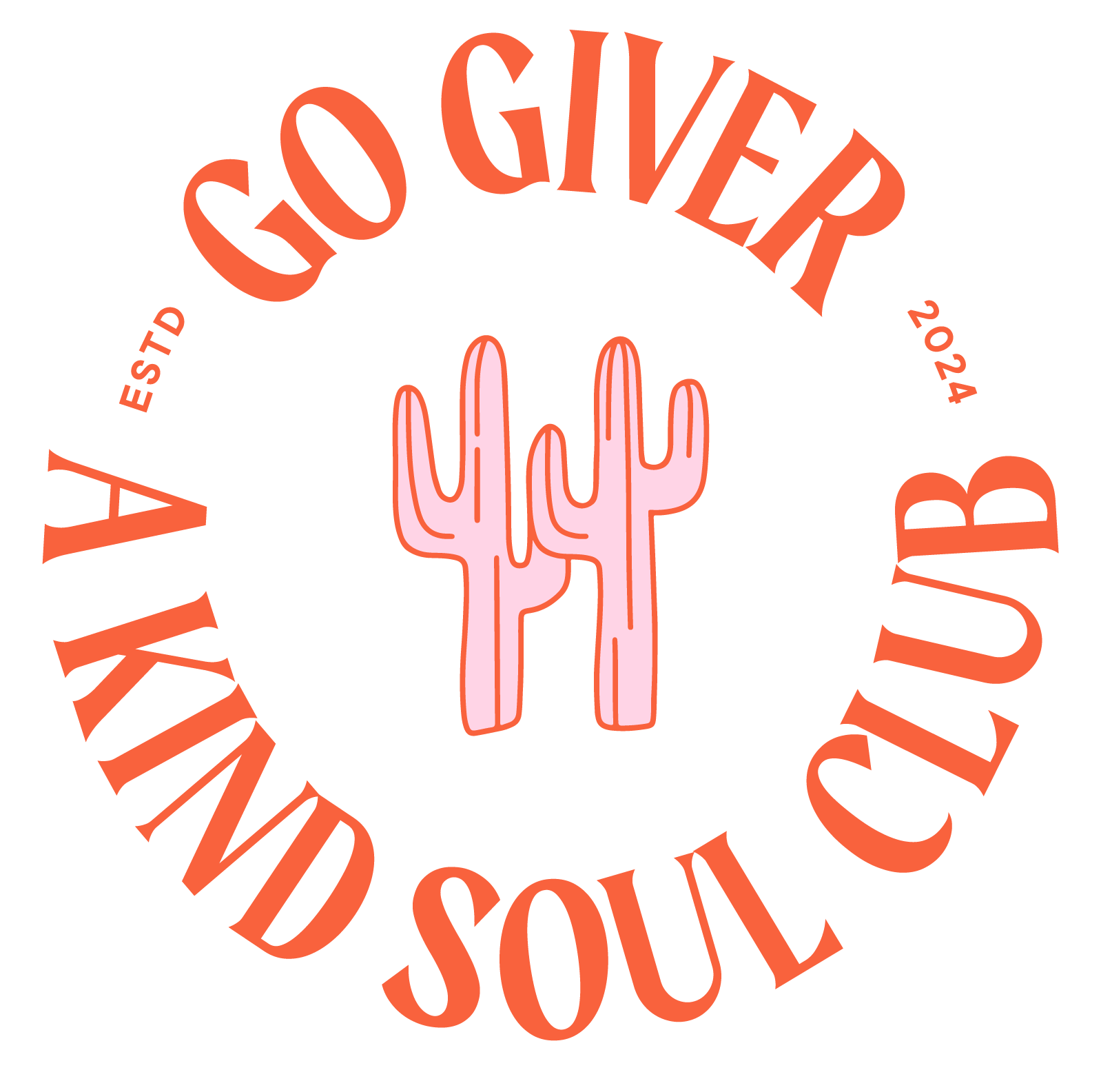 A logo featuring two pink cactus illustrations in the center with the text 'A Valley Go Giver' curved around them, and 'Est. 2024' and 'Lavender Soul Club' included in the design, all on a black background.