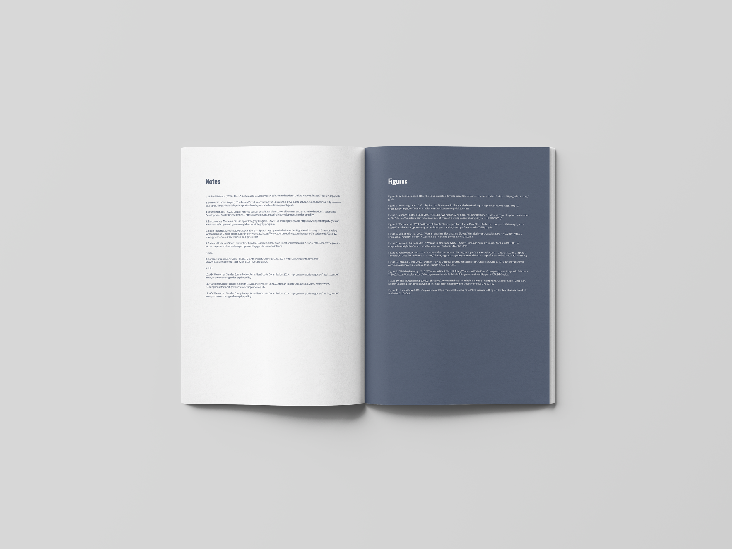 Open magazine with notes on the left page and figures on the right page, sitting on a white surface.