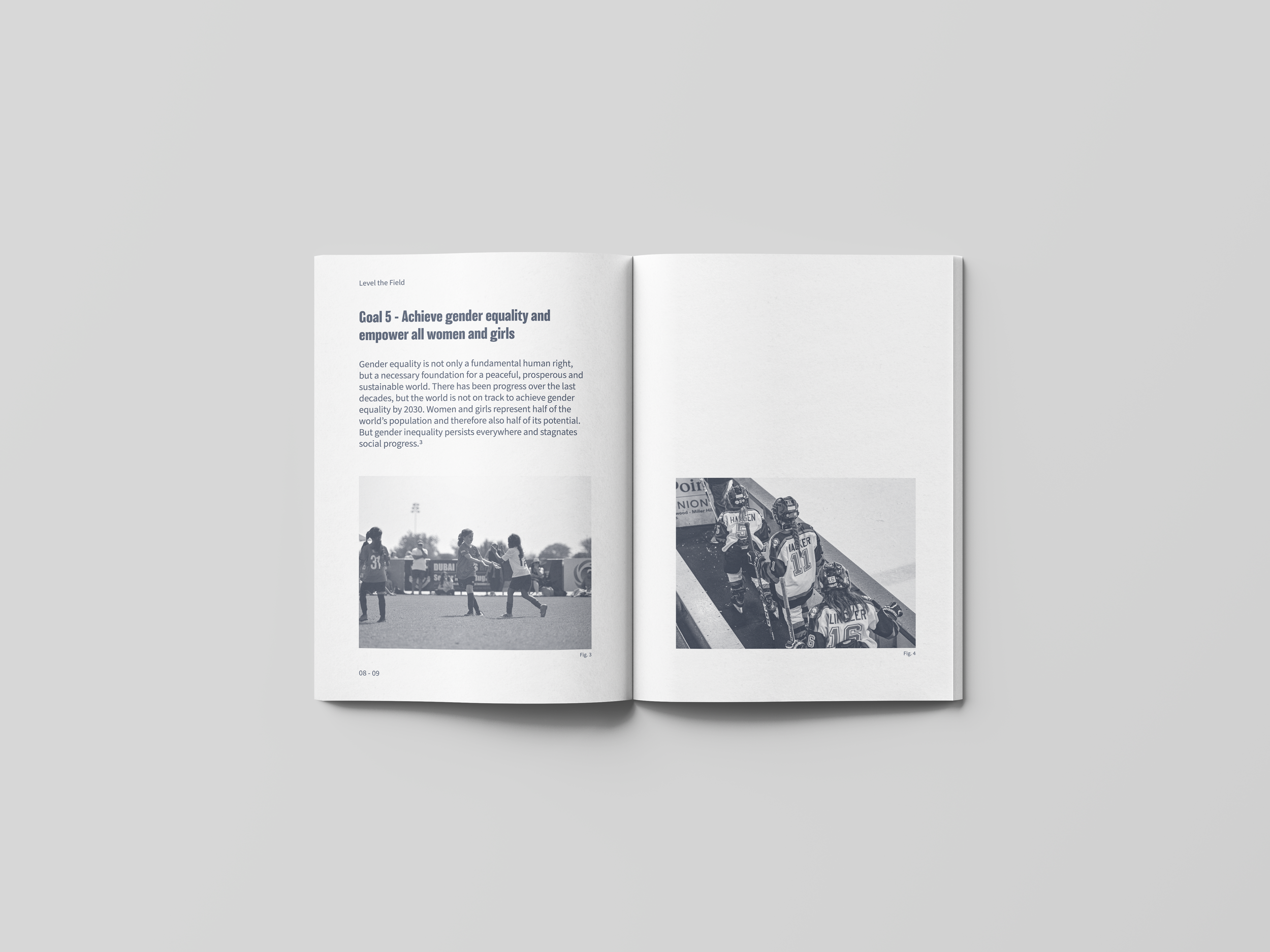 Open booklet with text about gender equality and two grayscale photos of sports scenes, one soccer game and one hockey game.