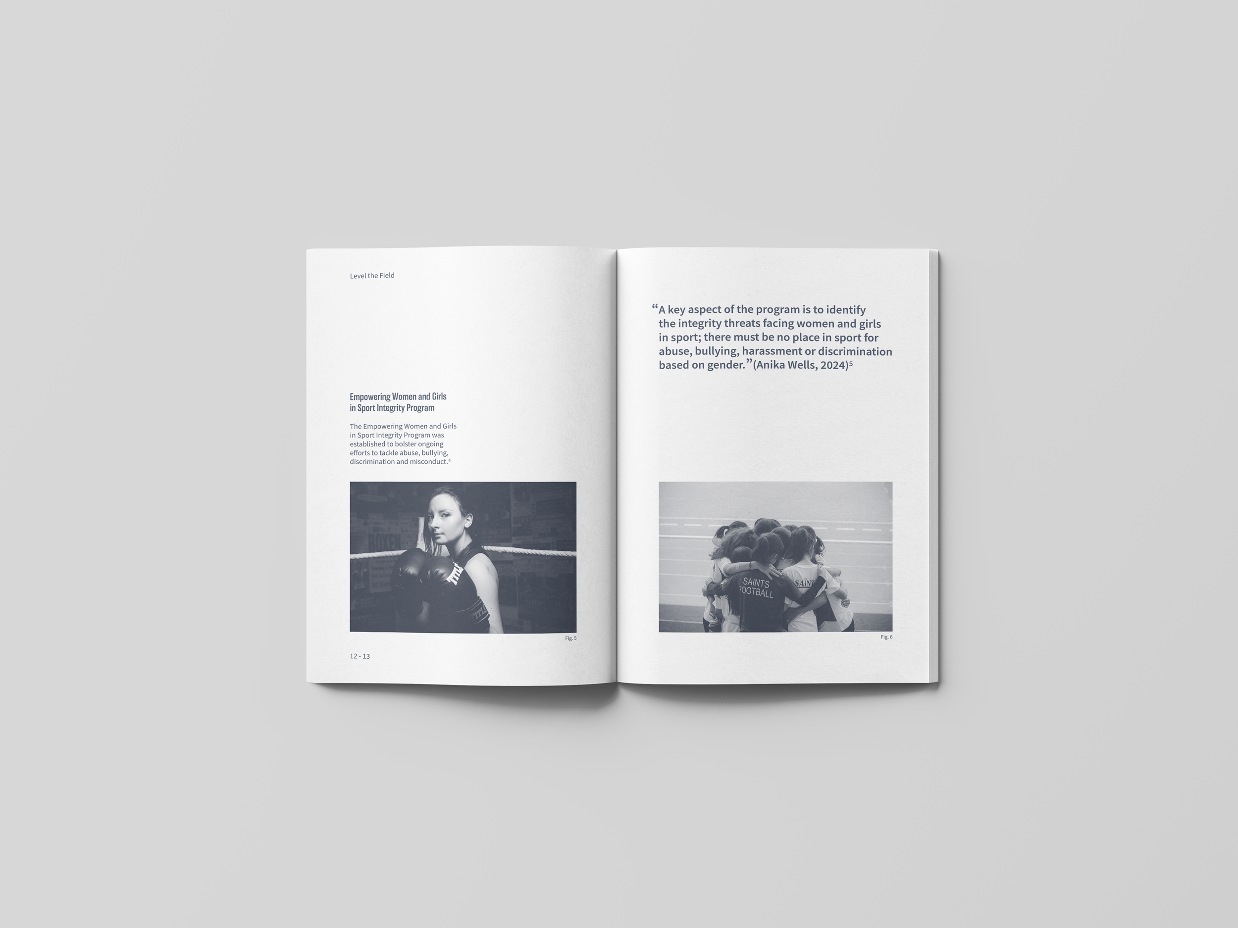 Open book with two pages. The left page has a title "Empowering Women and Girls in Sport Integrity Program" and a black-and-white photo of a young woman boxing. The right page contains a quote about identifying threats to women in sport and a black-and-white photo of a group of female athletes hugging.