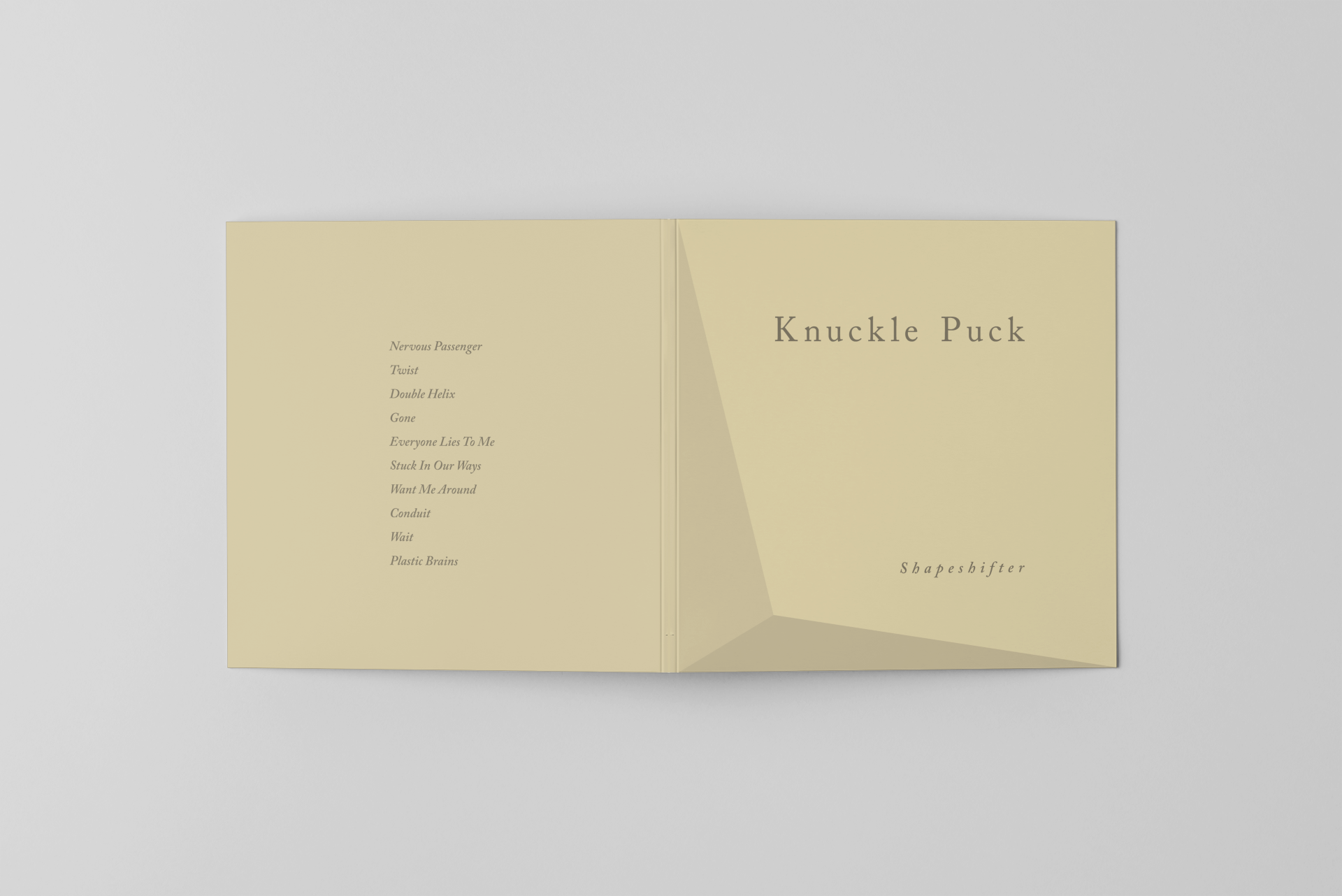 Open album with beige pages, displaying song titles on the left and the album title 'Knuckle Puck' with subtitle 'Shapeshifter' on the right.
