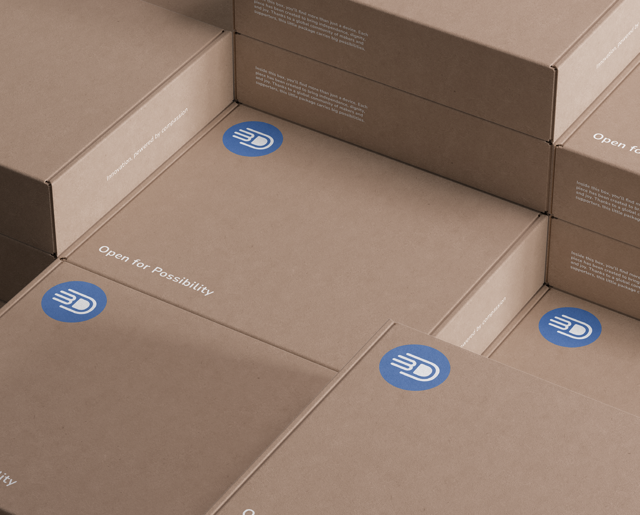 Multiple stacked cardboard boxes with labels that say "Open for Possibility" and blue circular logos with a stylized letter 'D' on them.