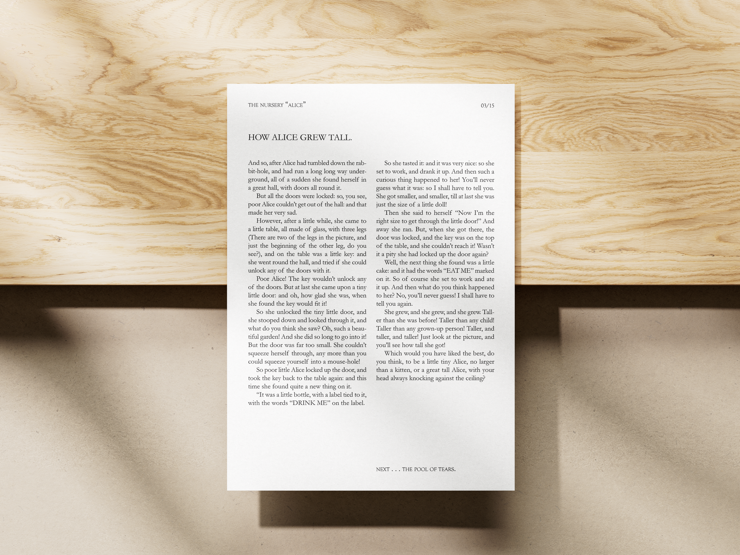 A printed story titled 'How Alice Grew Tall' on a piece of paper, placed on a light-colored wooden surface. The story is part of a nursery collection called 'Alice', with page number 03/15, and appears to be a children's story about Alice.