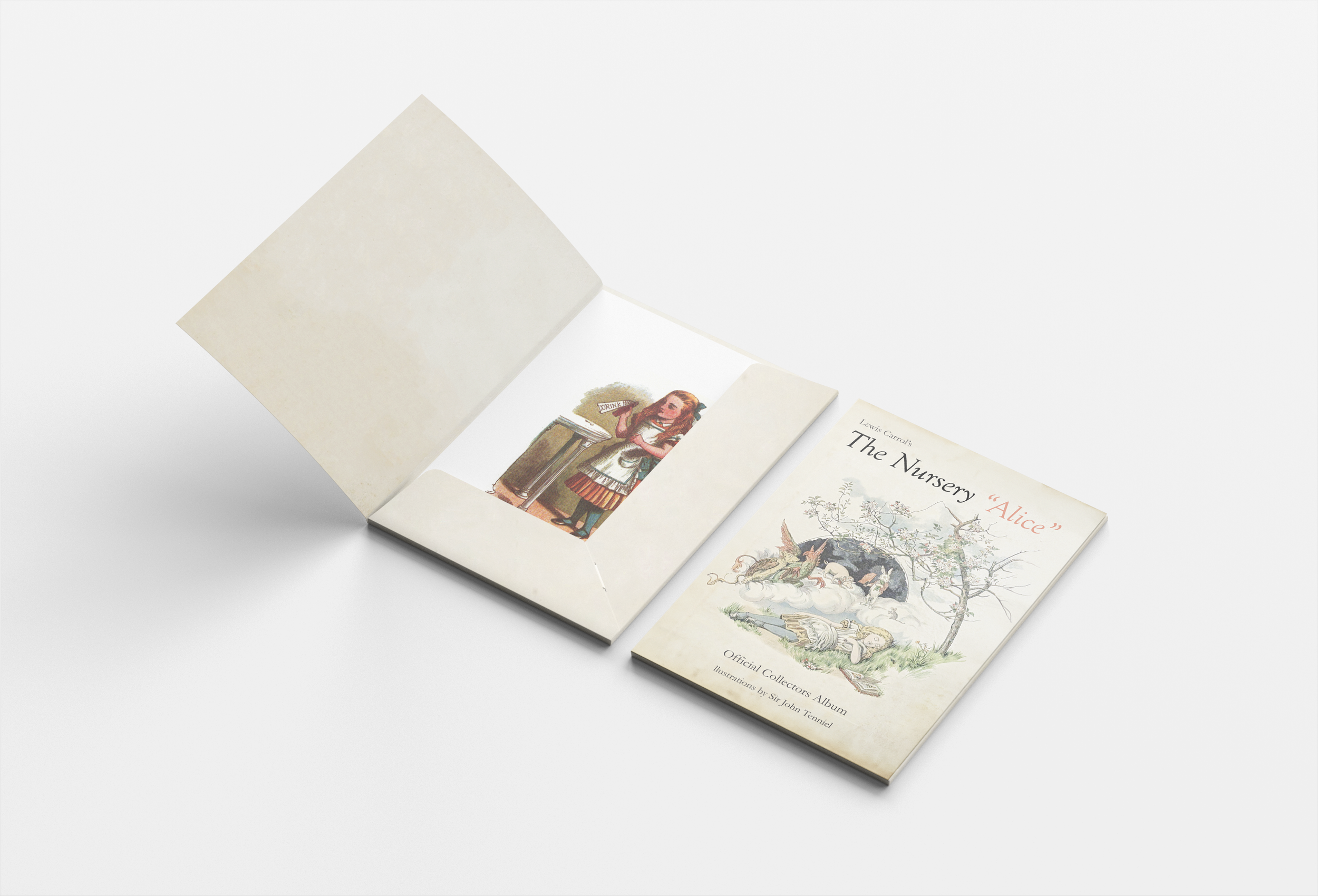 Open book with illustration of a girl holding a beer bottle and a closed book titled 'The Nursery Alice' on a white background.