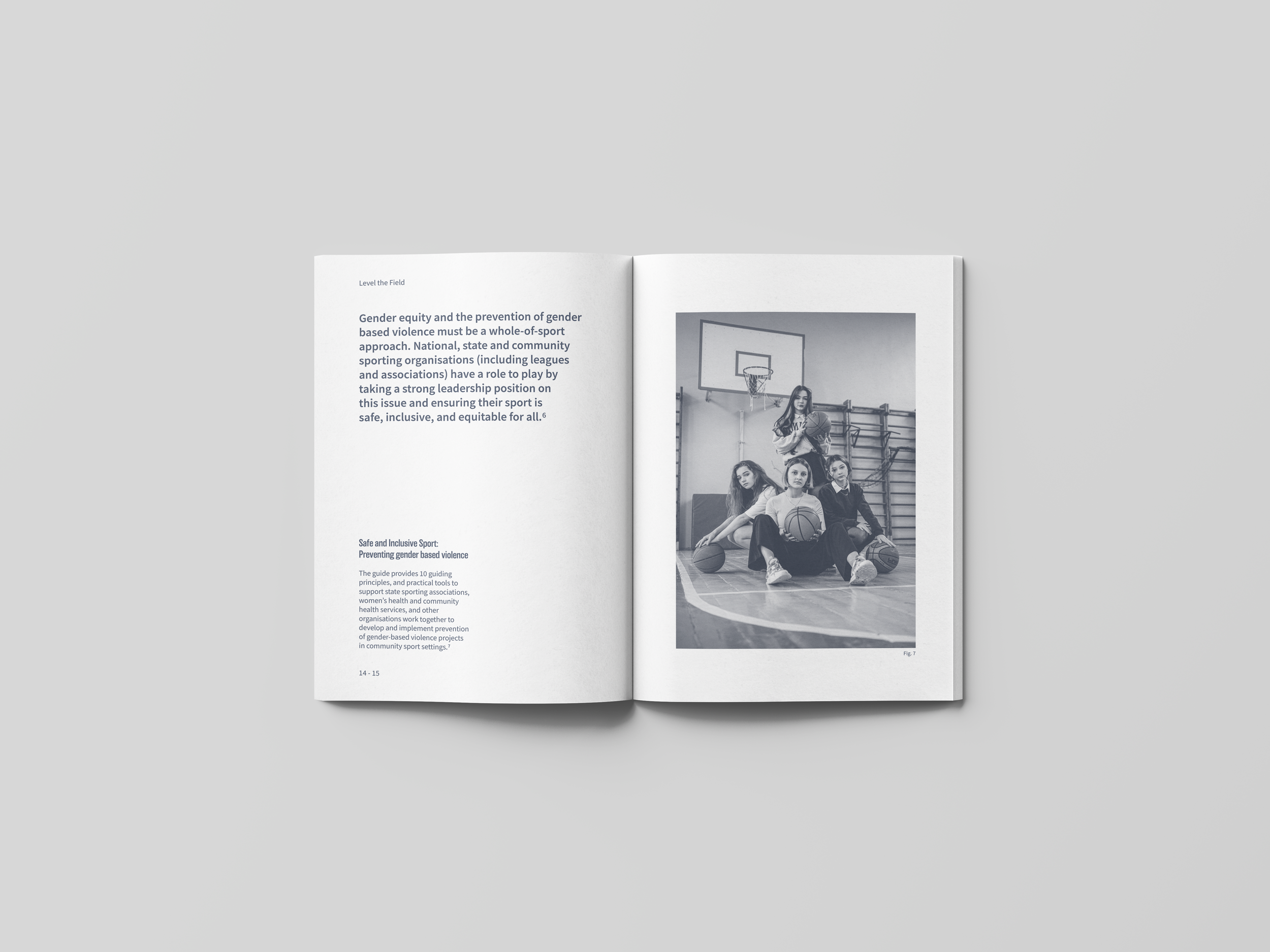 Open book with text on gender equity and a black and white photo of five young women in a gymnasium, sitting with basketballs and one standing with a basketball.