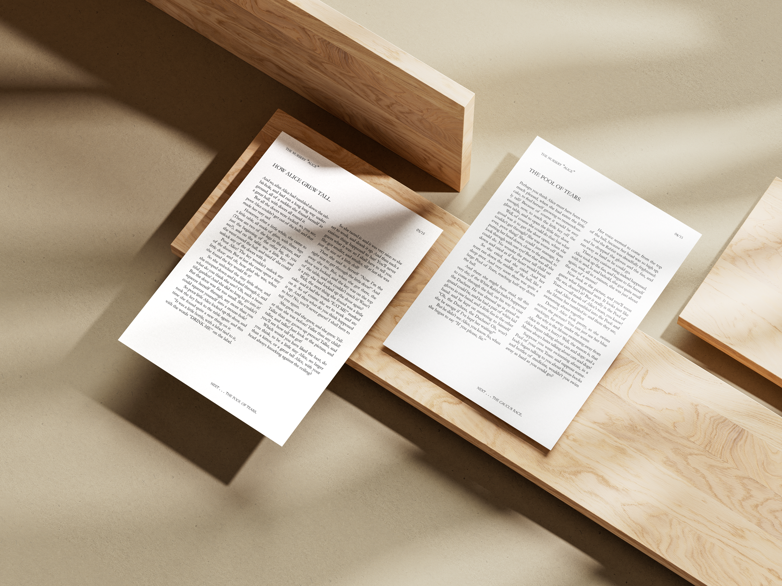 Two sheets of printed paper with text, placed on light wooden surfaces, one sheet partially lifted and casting a shadow.