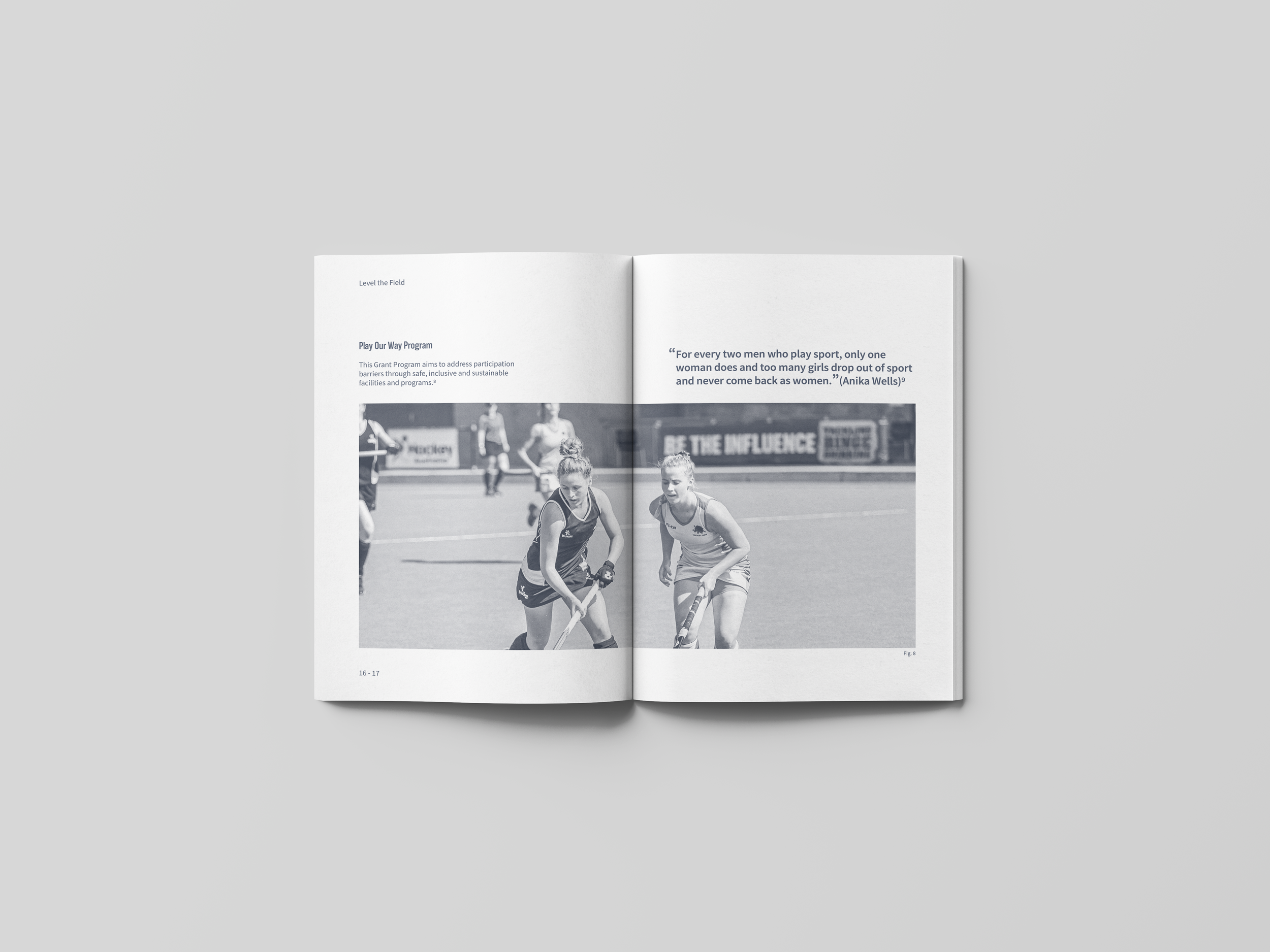 Open magazine featuring a black-and-white photo of women playing field hockey on a sports field.