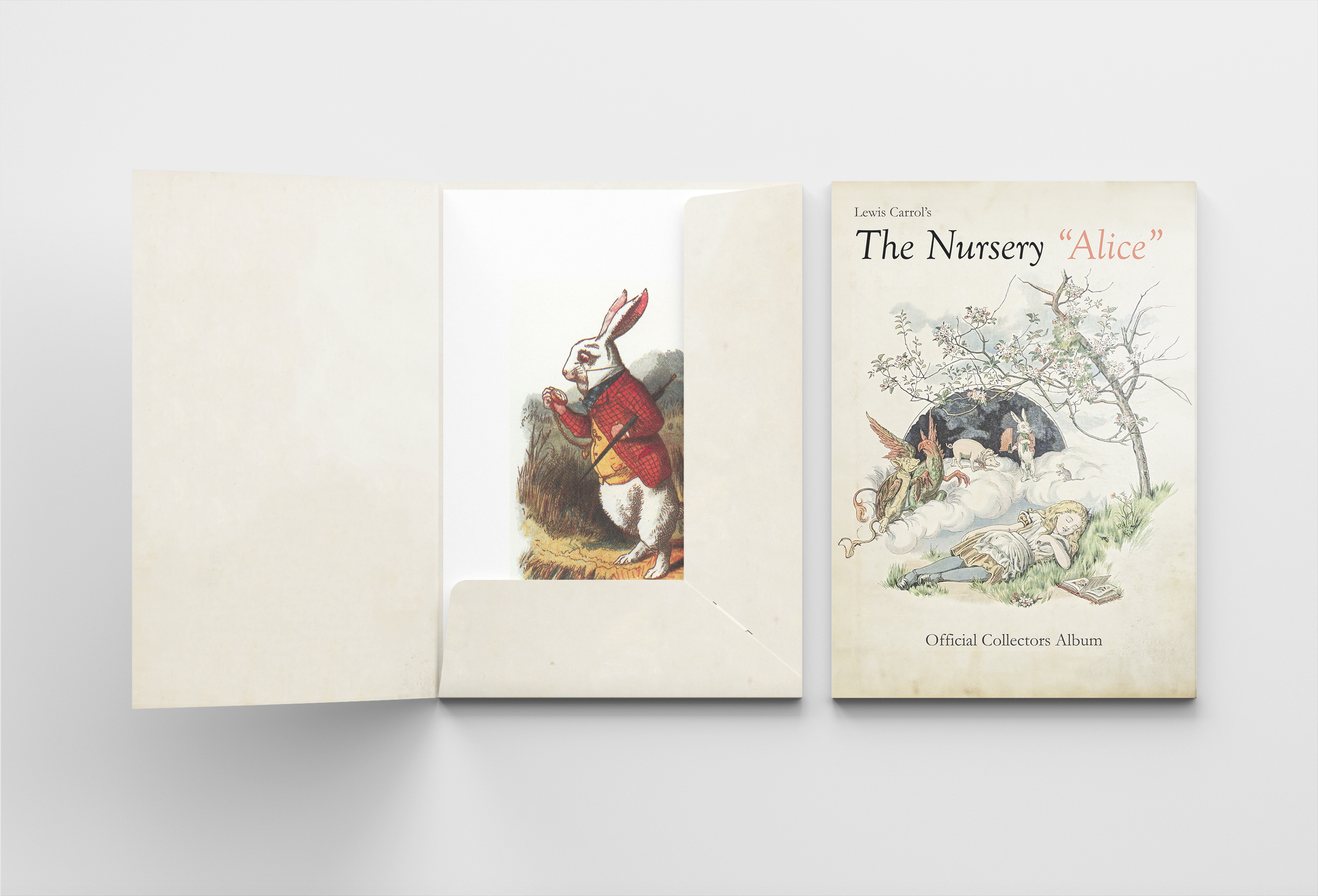 Cover of Lewis Carroll's The Nursery 'Alice' with an illustrated girl sleeping on grass, a tree, and fantastical creatures.