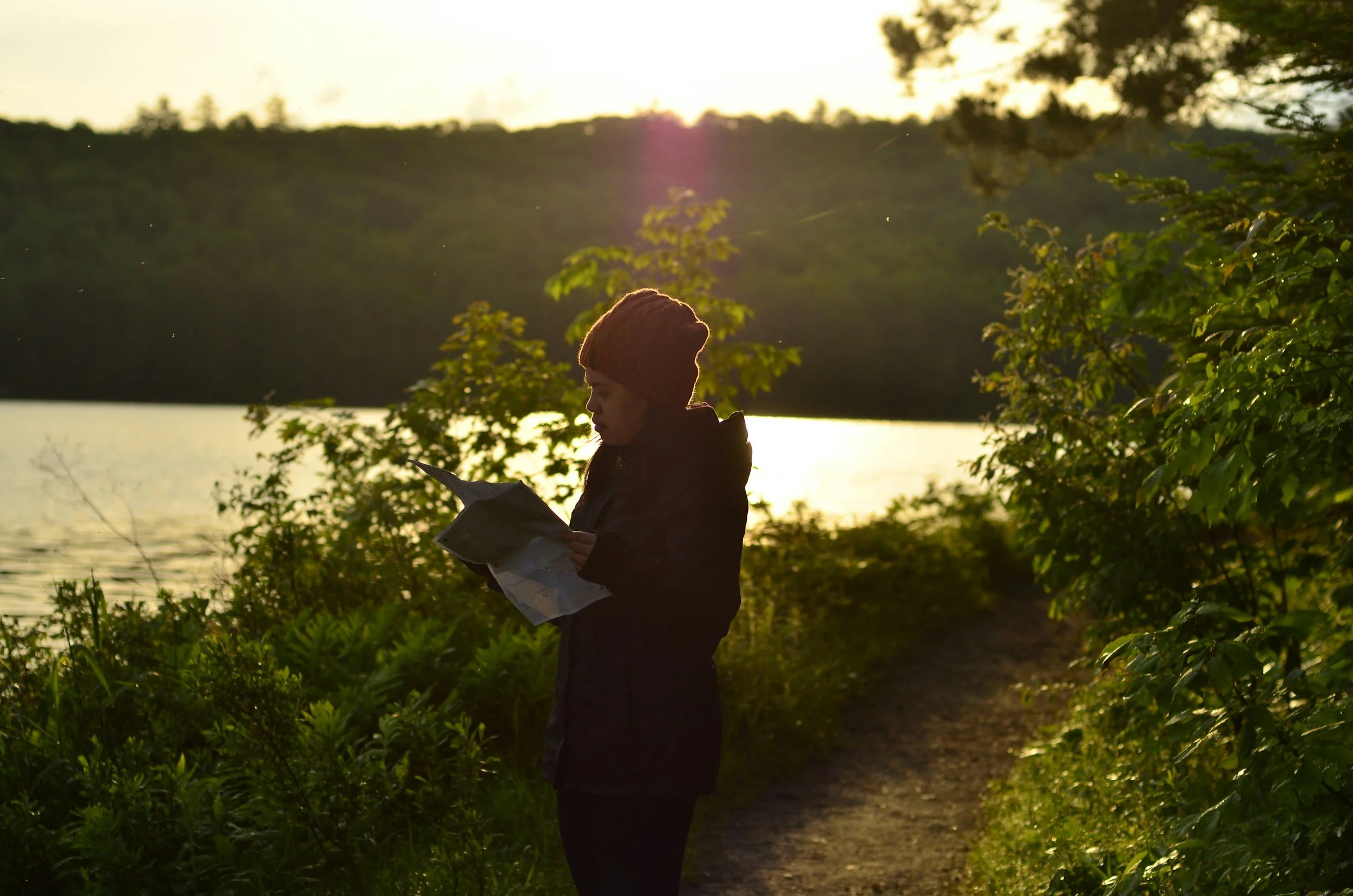 woman in nature reading a map