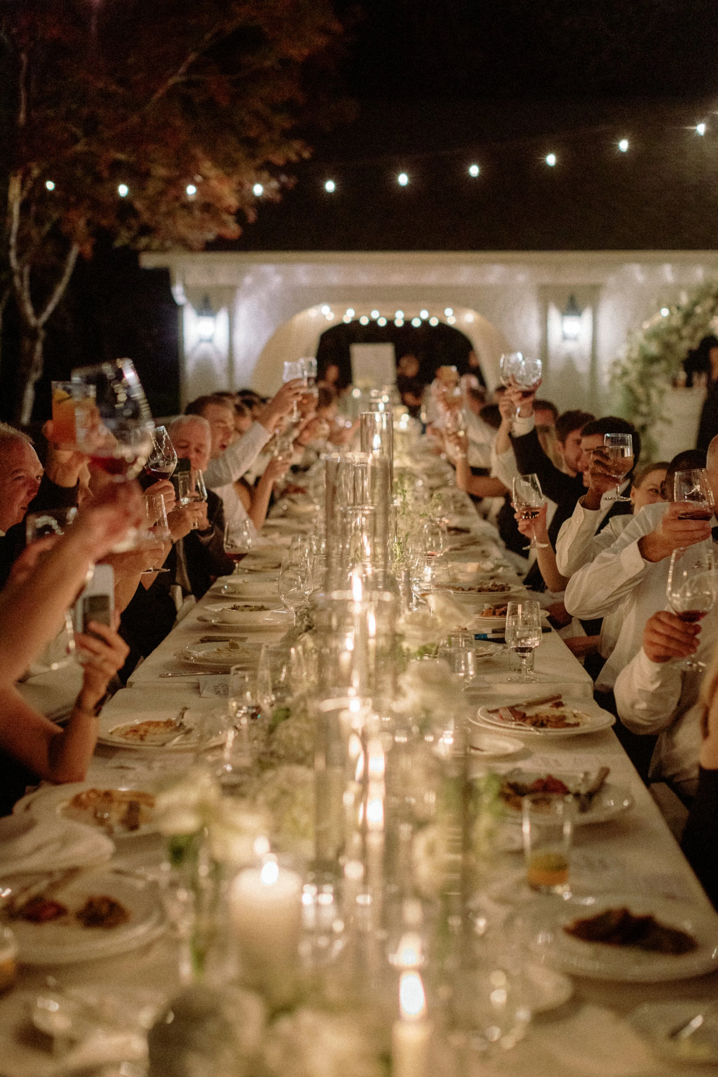 People gathered at a long dinner table raising glasses in toast during an evening celebration, with candlelight and string lights overhead.