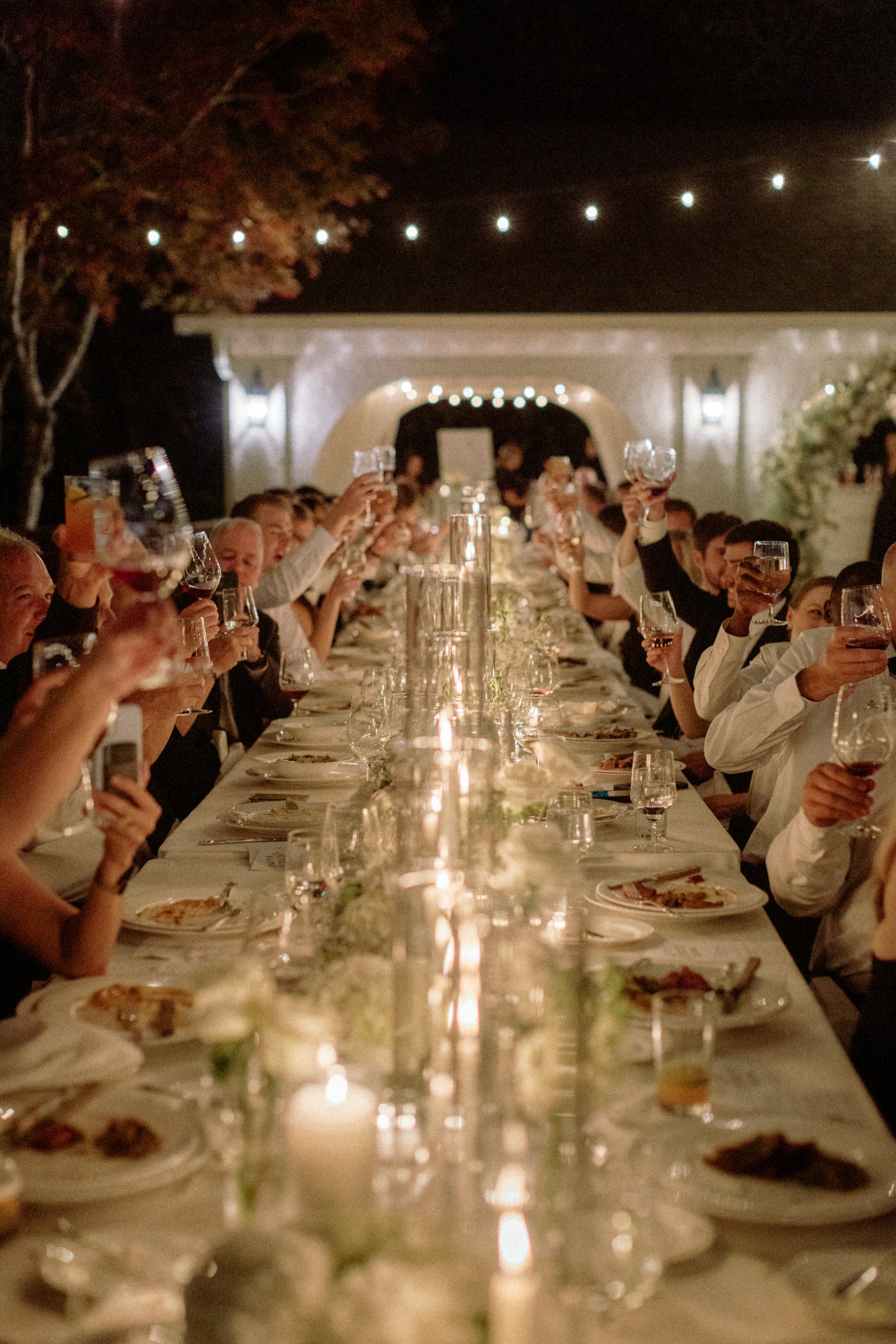 People raising glasses in toast at a formal dinner party with candlelit table setup