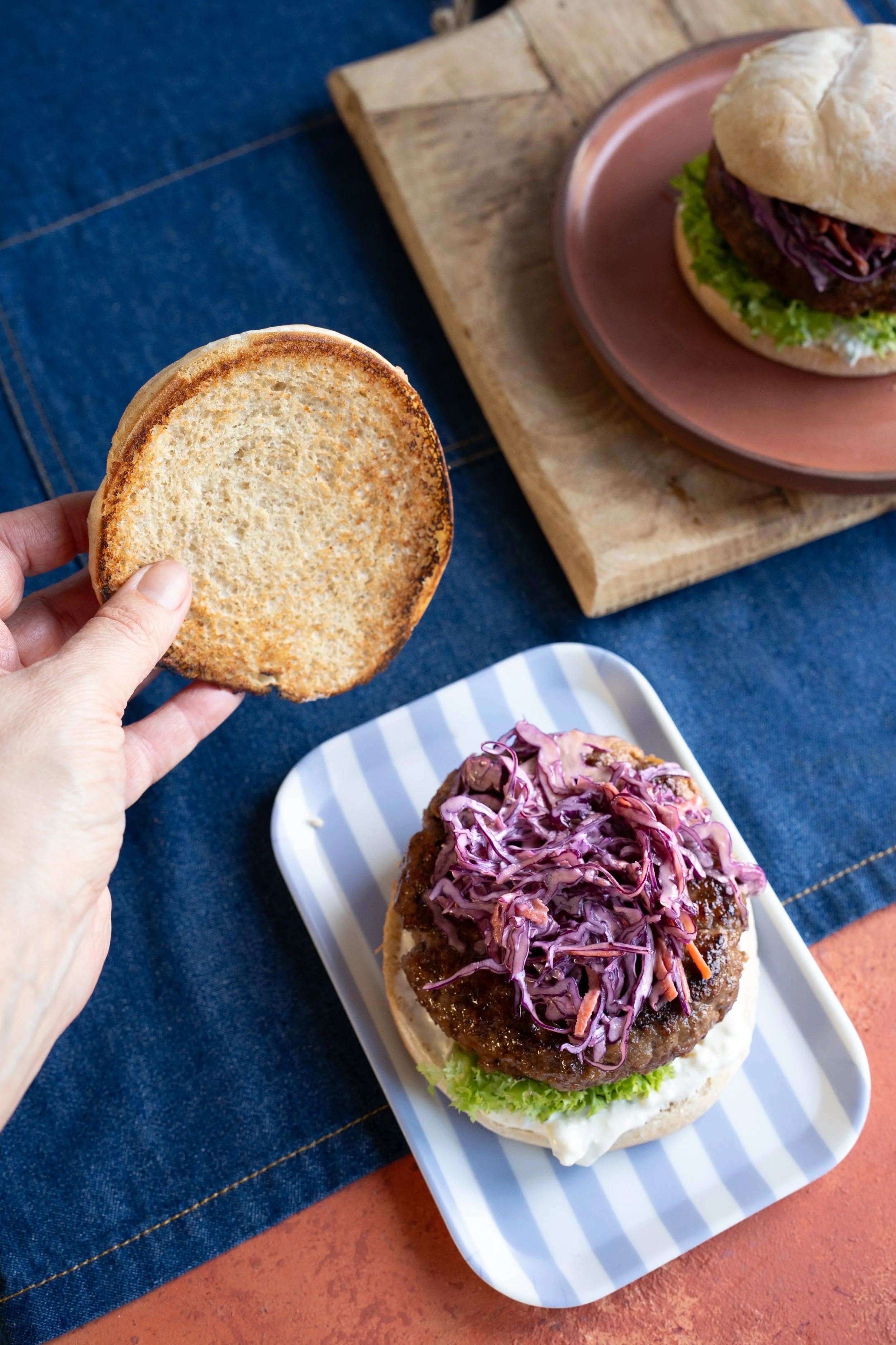 Inverted Cashel Bluee Cheese Burger with slaw/Photography and styling Irish food Photographer Loraine Cox Dublin
