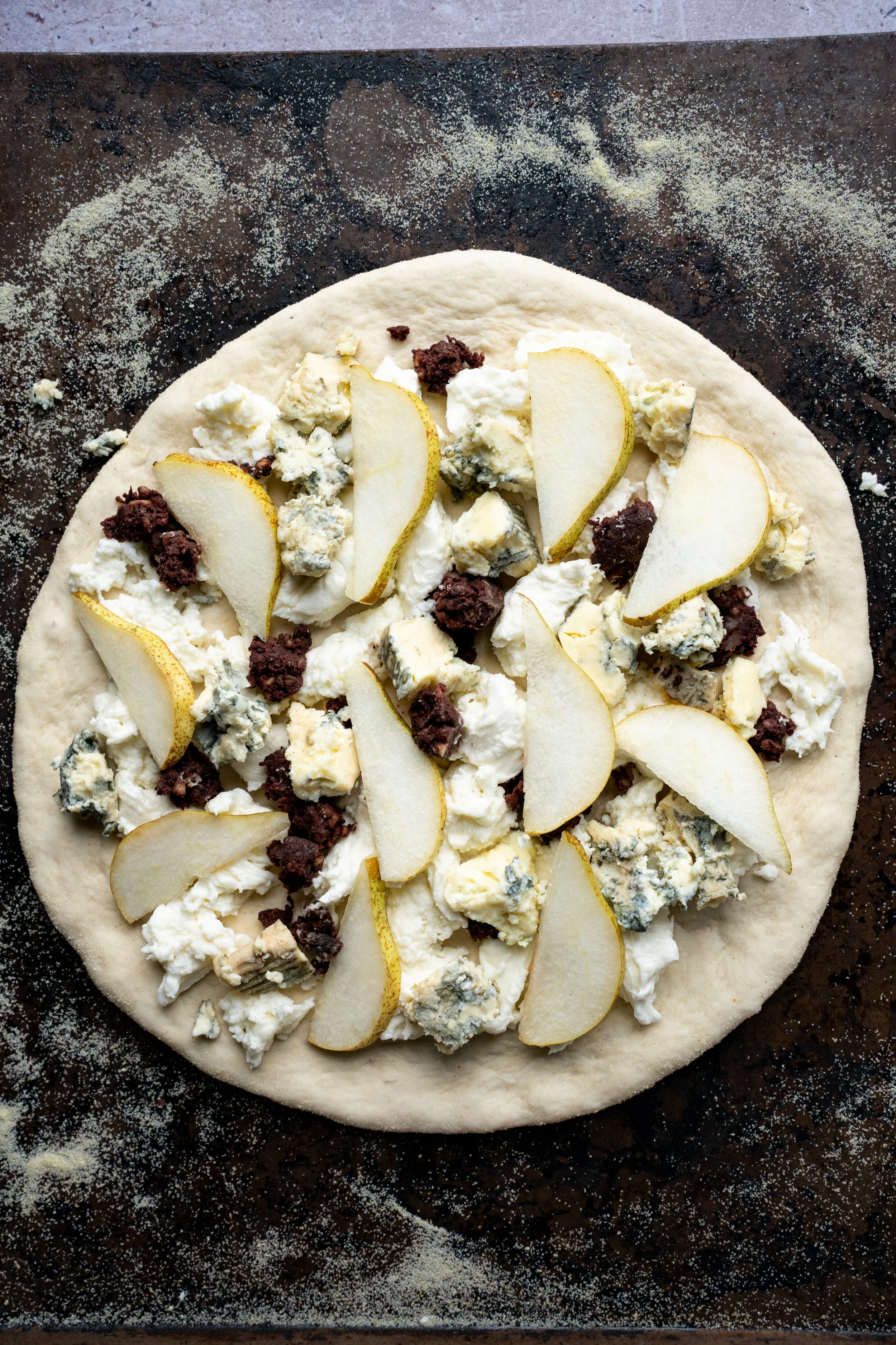 Cashel blue,Black Pudding and Pear Pizza by Cashel Blue Cheesemakers/Photography by Loraine Cox Photography Dublin 