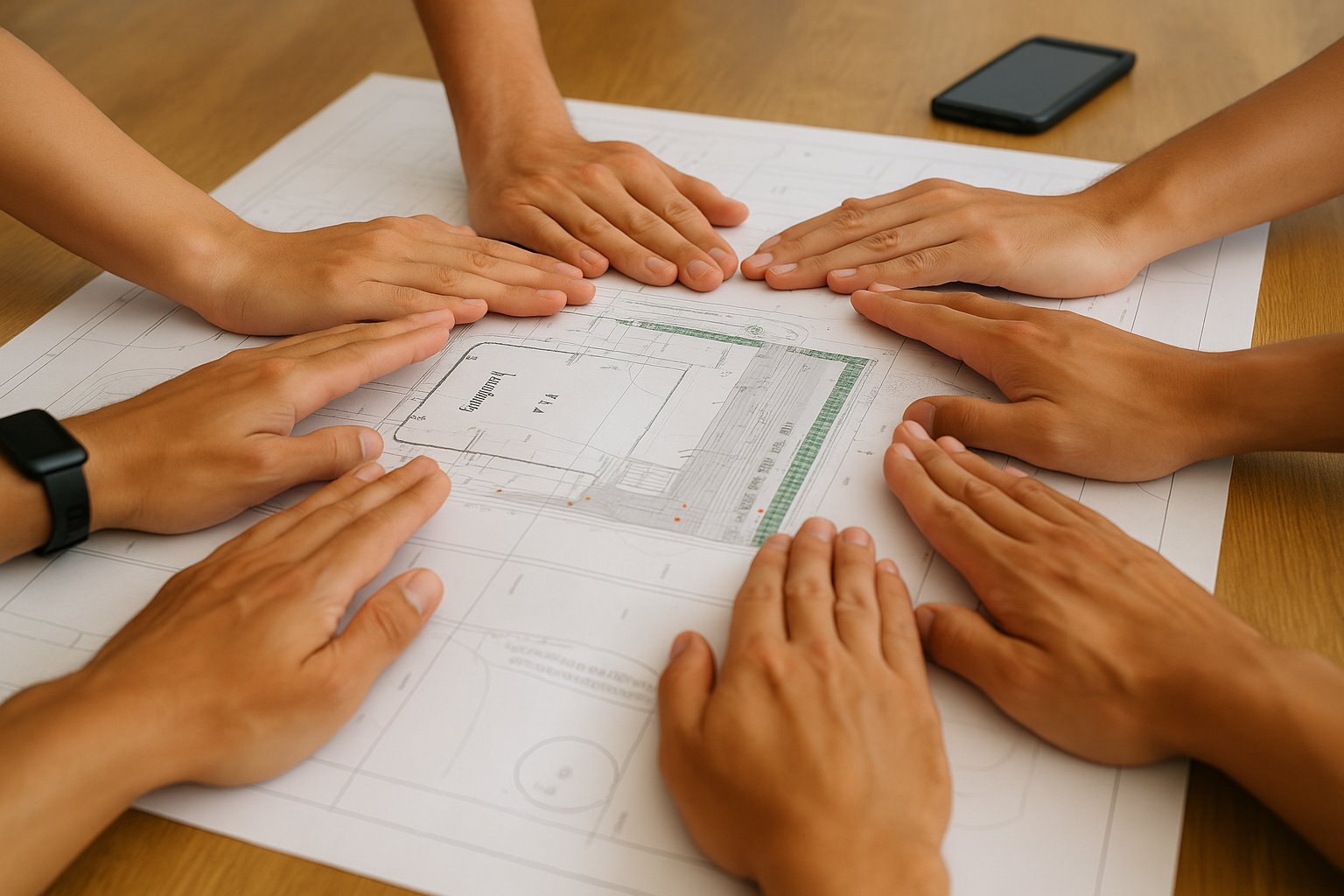 Mehrere Menschen legen ihre Hände auf einen detaillierten Bauplan auf einem Tisch.
