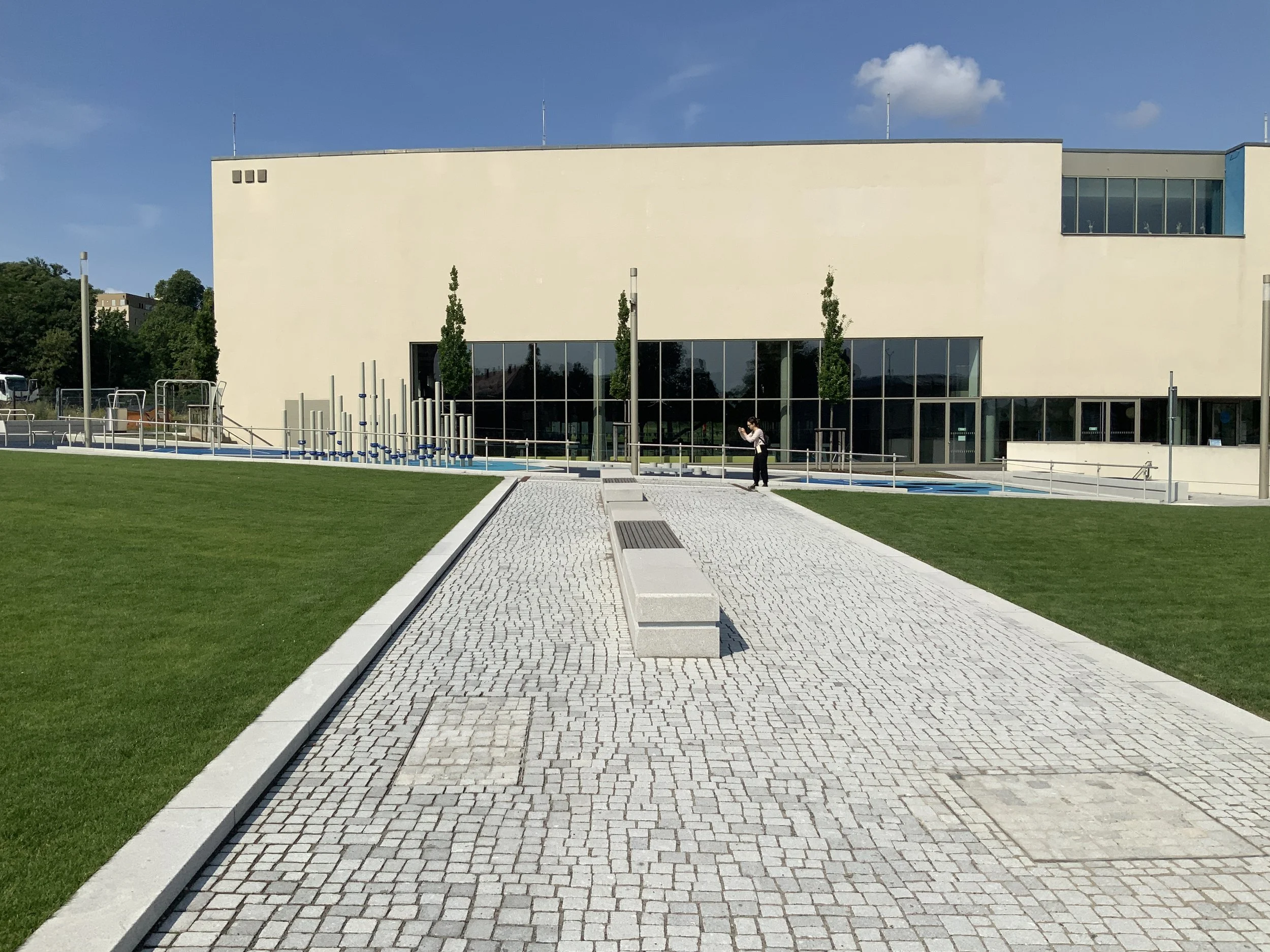 Geradlinig gepflasterter Weg mit Rasenkante aus Naturstein