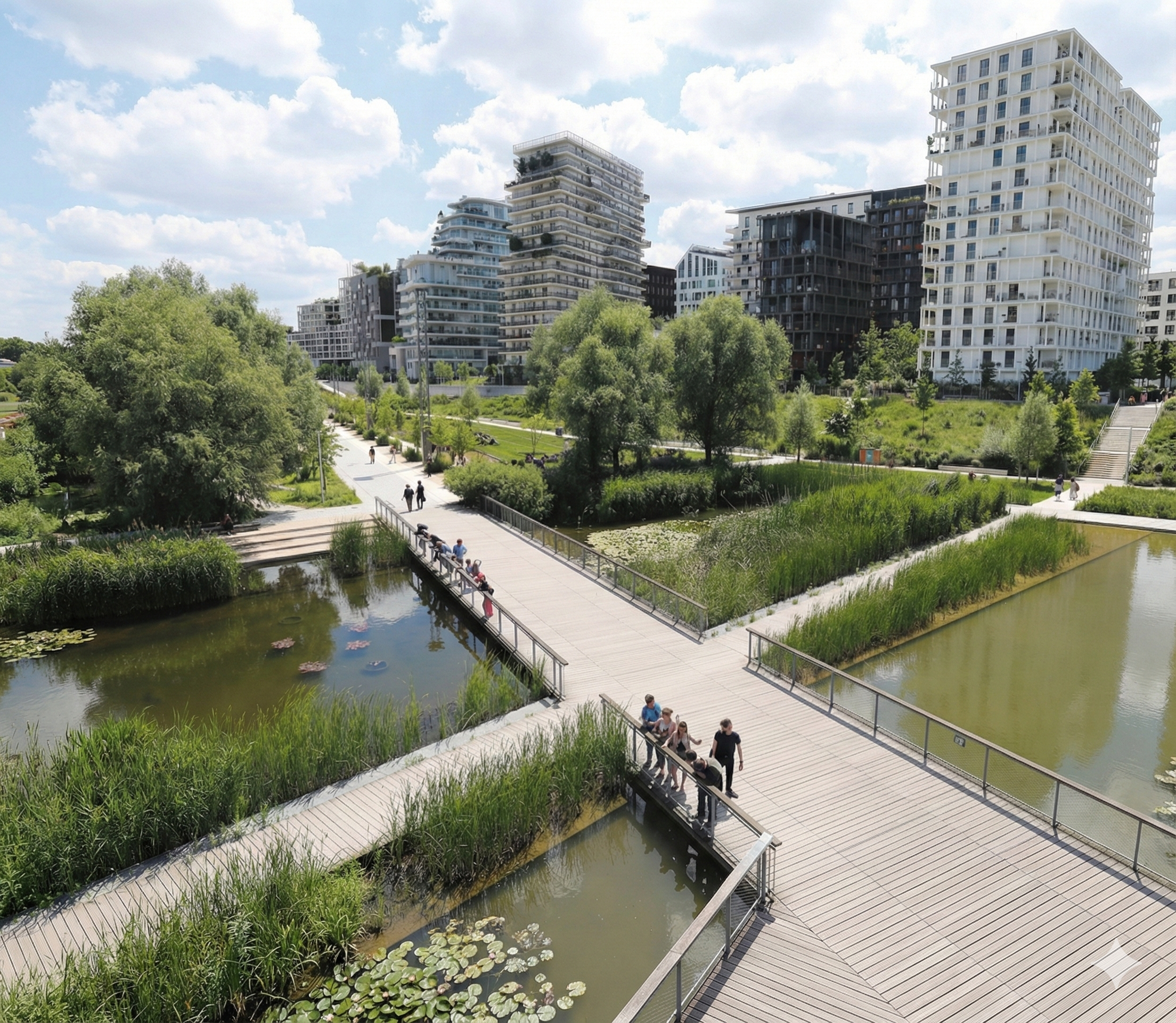 Außenanlage mit Retentionsflächen und strukturierter Regenwasserführung