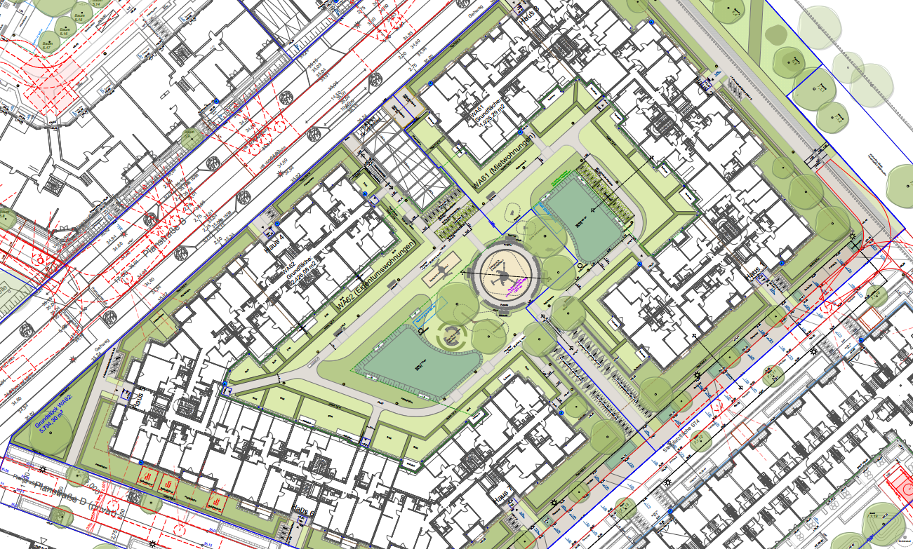 Planansicht einer gestalteten Außenanlage mit strukturierten Flächen und Wegeführung.