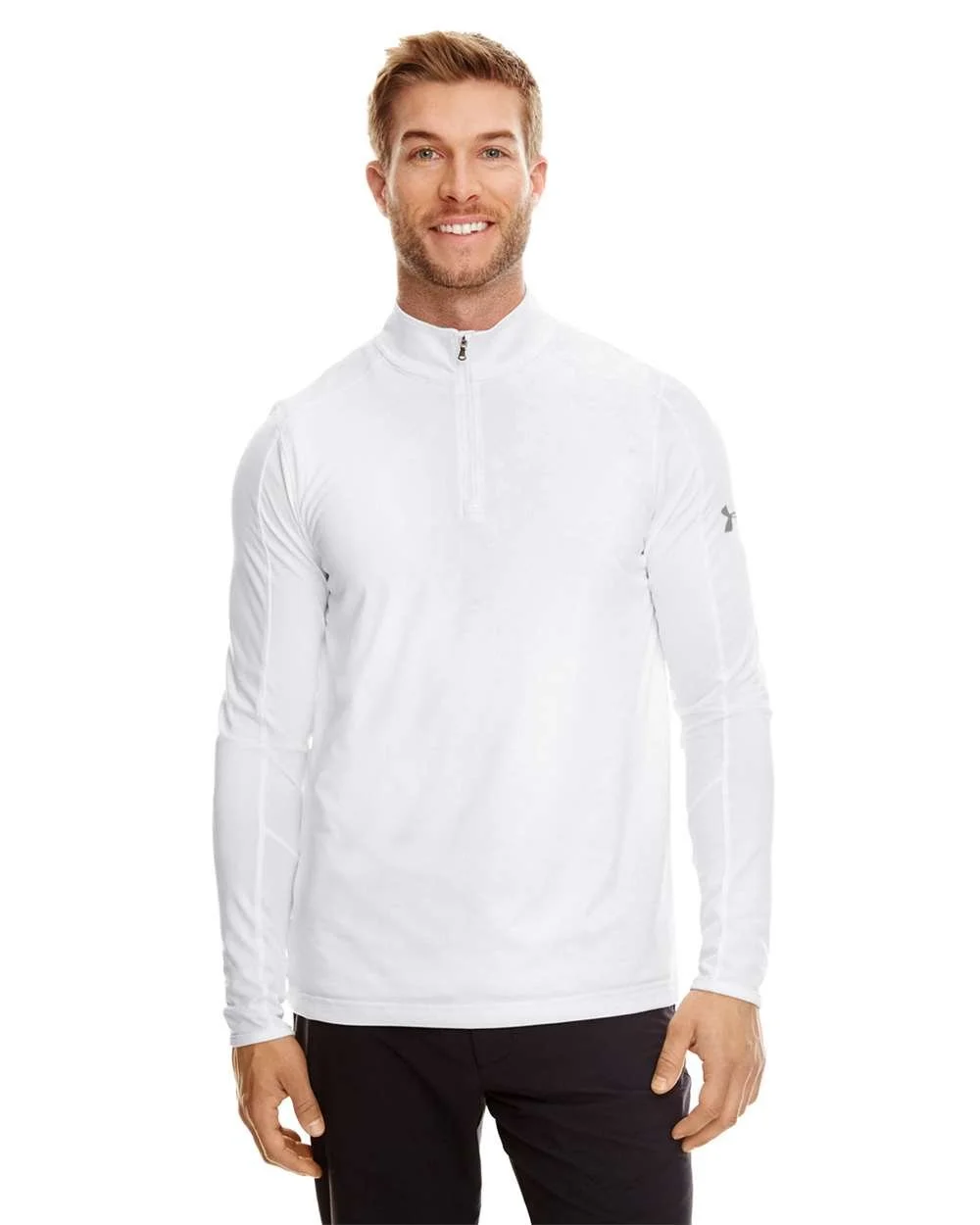 Man with light brown hair and beard smiling, wearing a white quarter-zip long sleeve athletic shirt and black pants, against a plain white background.