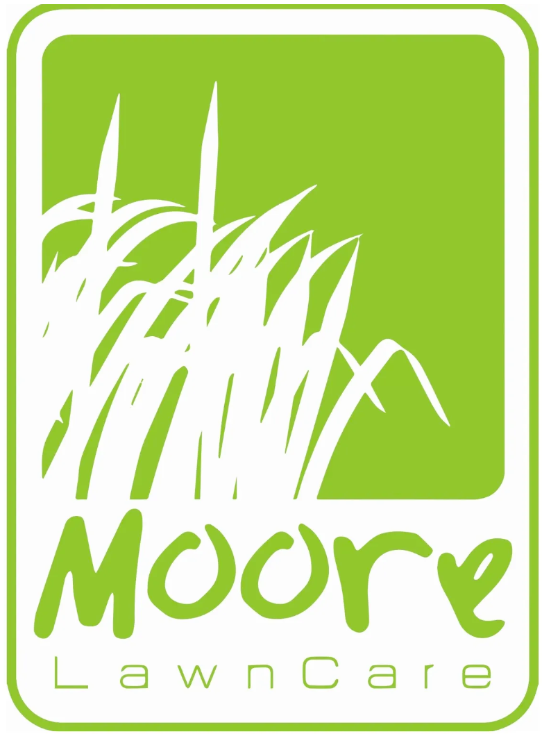 Logo with stylized grass and text 'Moore LawnCare' in green.