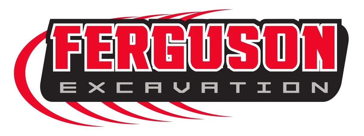Ferguson Excavation logo with red and black text and swooping red lines