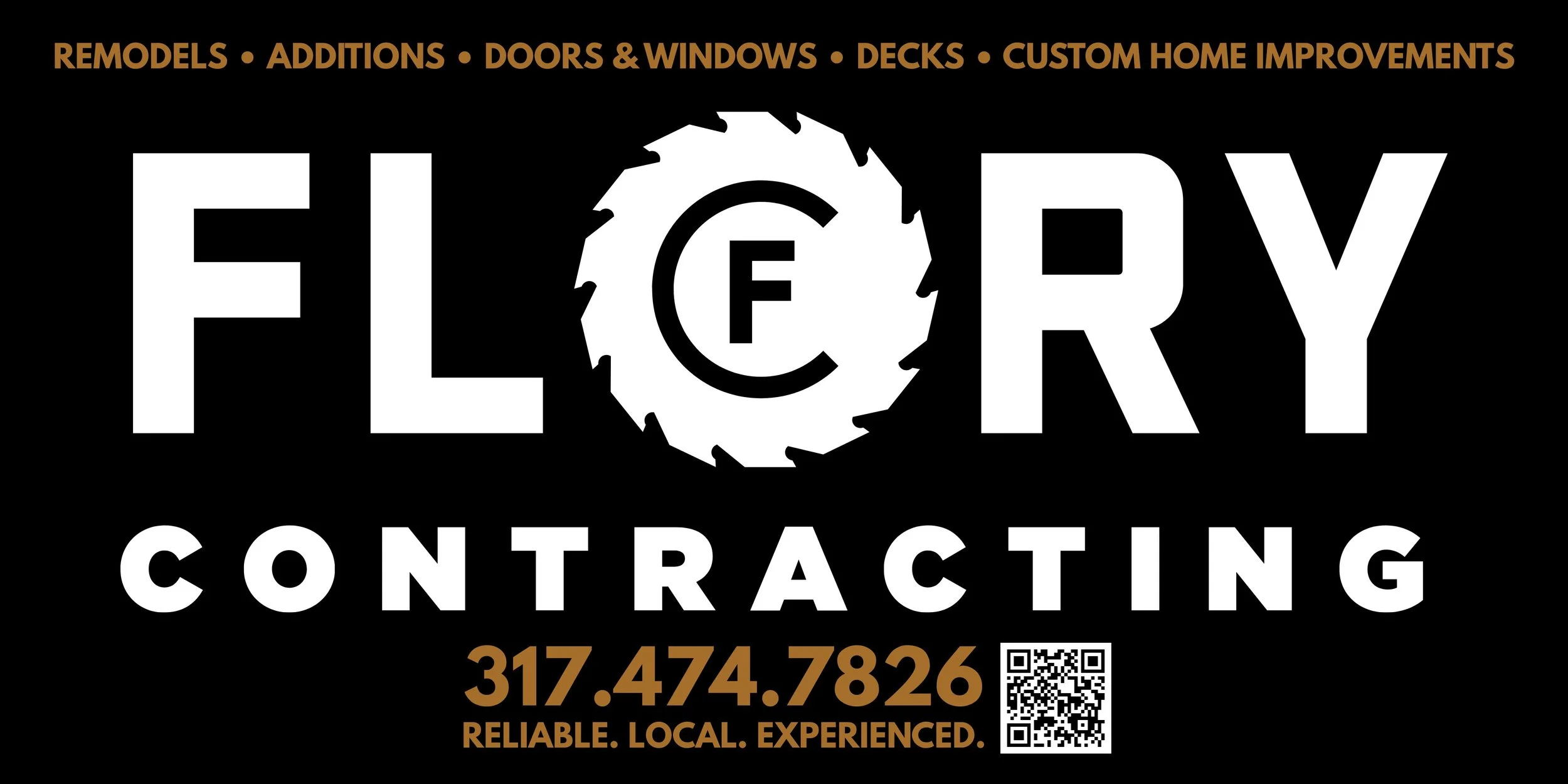 Flyer for Fleury Contracting featuring phone number 317.474.7826 and slogan Reliable. Local. Experienced.