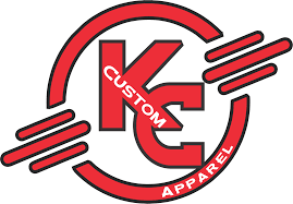Logo of KC Custom Apparel with red and black design.
