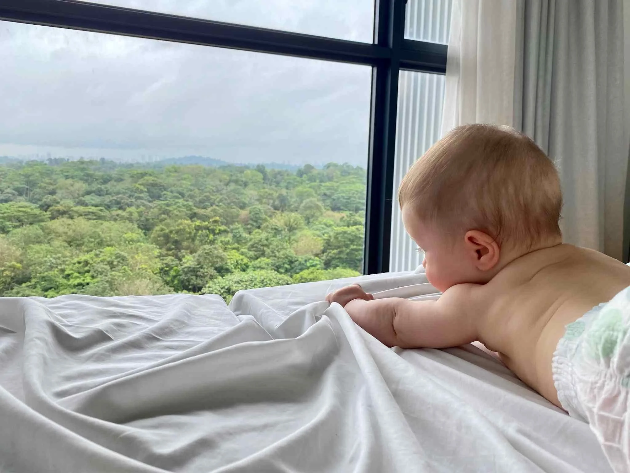 Baby schaut aus dem Fenster und blickt auf den Dschungel in Singapur.