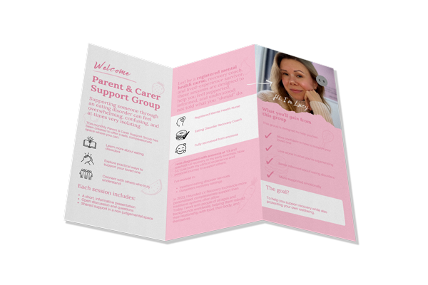 Pink informational brochure about parent and caregiver support group, with a photo of a smiling woman and text about group benefits and goals.