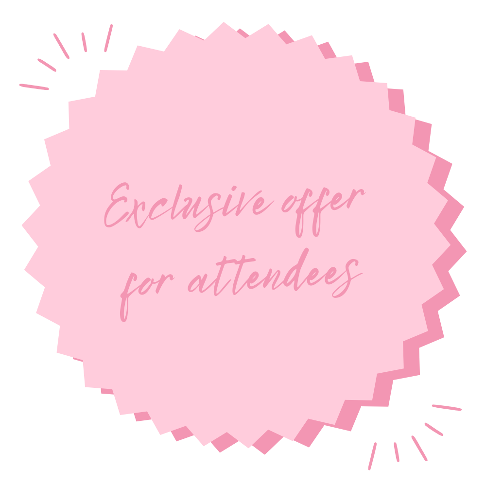 Pink badge with scalloped edges and the text 'Exclusive offer for attendees' written in cursive font.