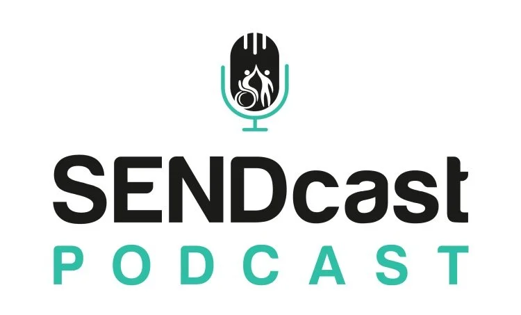 SENDcast podcast logo with a microphone icon and stylized figures inside, featuring bold black and teal text.