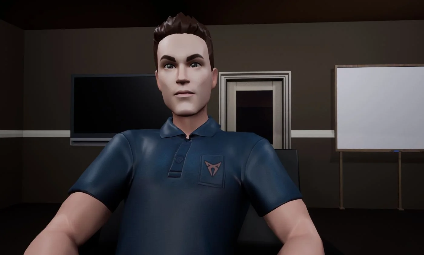 3D rendered character sitting in a room with a blank whiteboard and flat-screen TV.