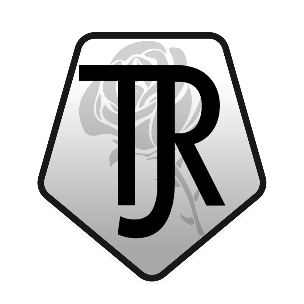 Hexagonal logo with letters 'TR' over a subtle rose design in grayscale.