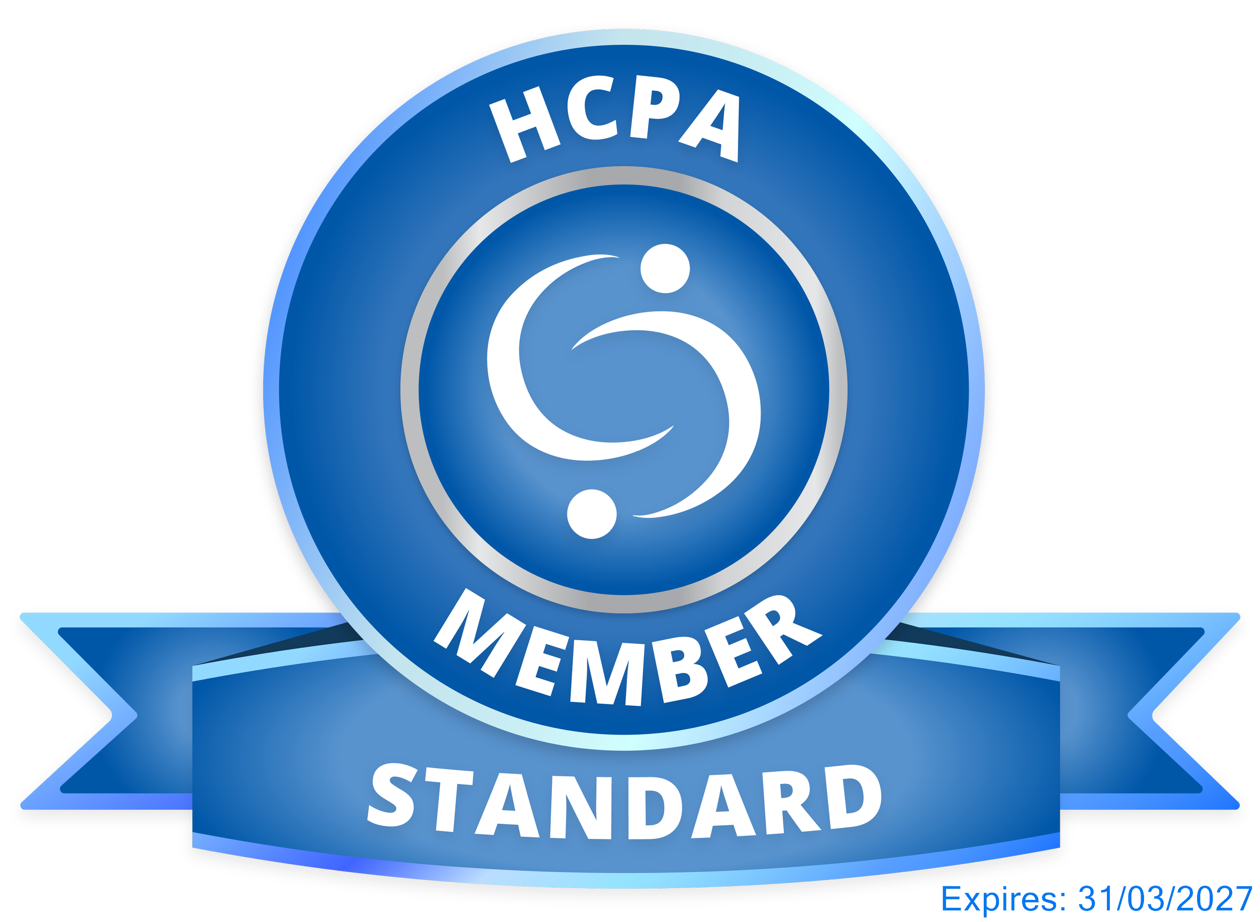 HCPA member badge with a blue circular emblem, white text, and a ribbon banner that reads 'Standard'. The badge indicates membership in an organization with an expiration date of March 31, 2027.