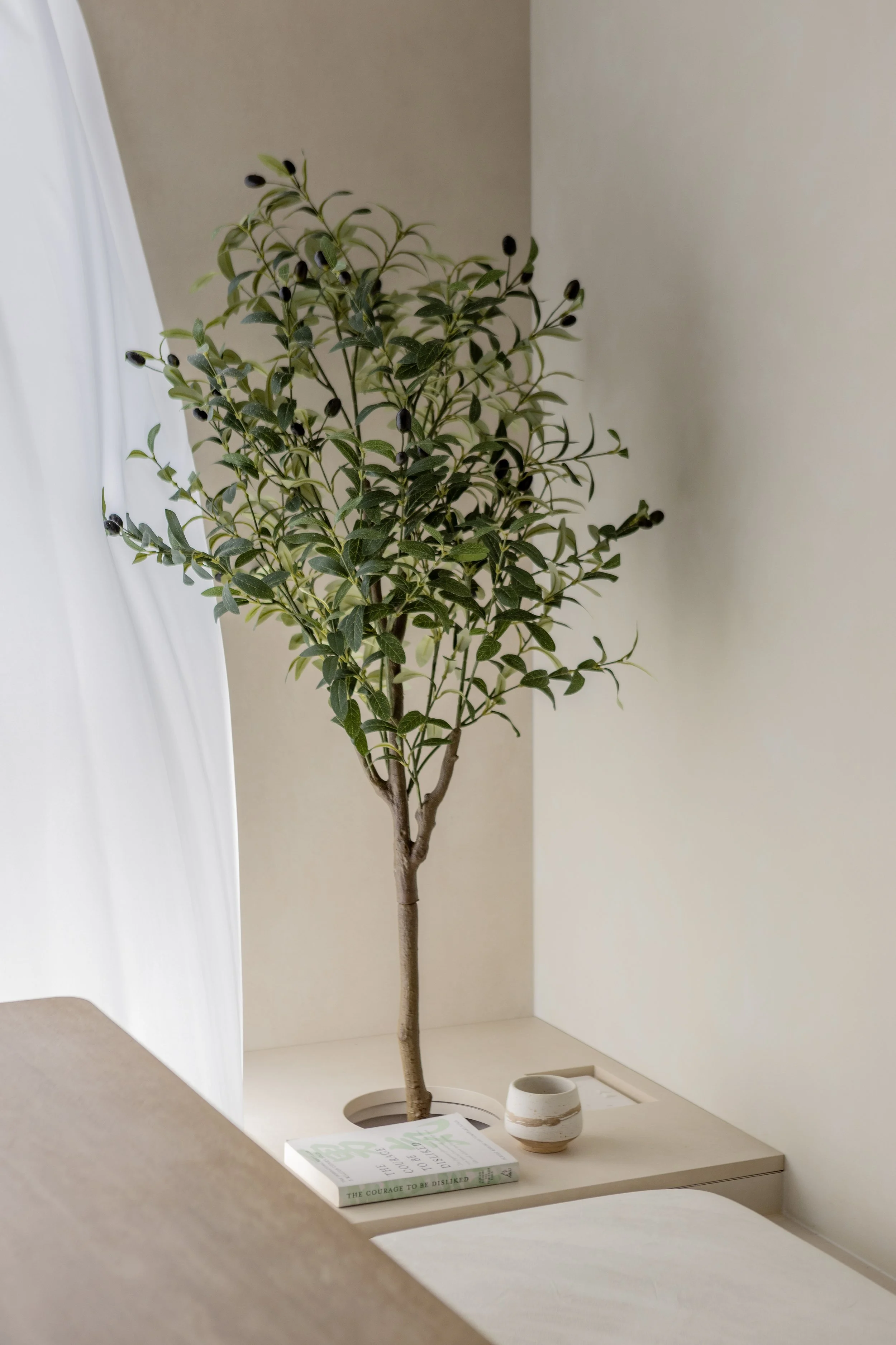 A tall potted indoor plant with green leaves and small black berries, placed on a beige nightstand with a closed book and a small decorative bowl.