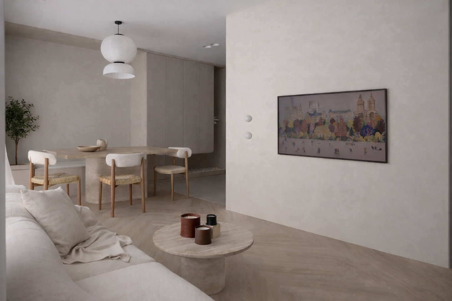 Minimalist living and dining area with beige sofa, wooden coffee table with candles, dining table with four chairs, modern light fixture, abstract cityscape painting, and a potted plant.