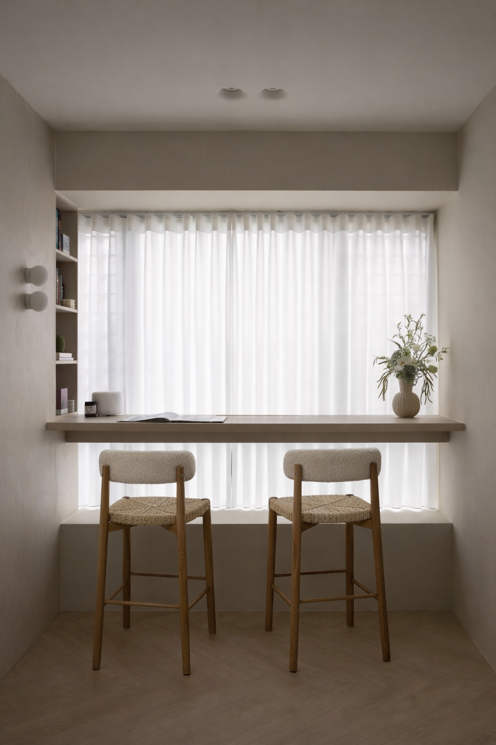 A minimalist room with a built-in window seat and two chairs, white curtains, a small bookshelf on the left wall, a vase of white flowers on the right, and soft natural light.