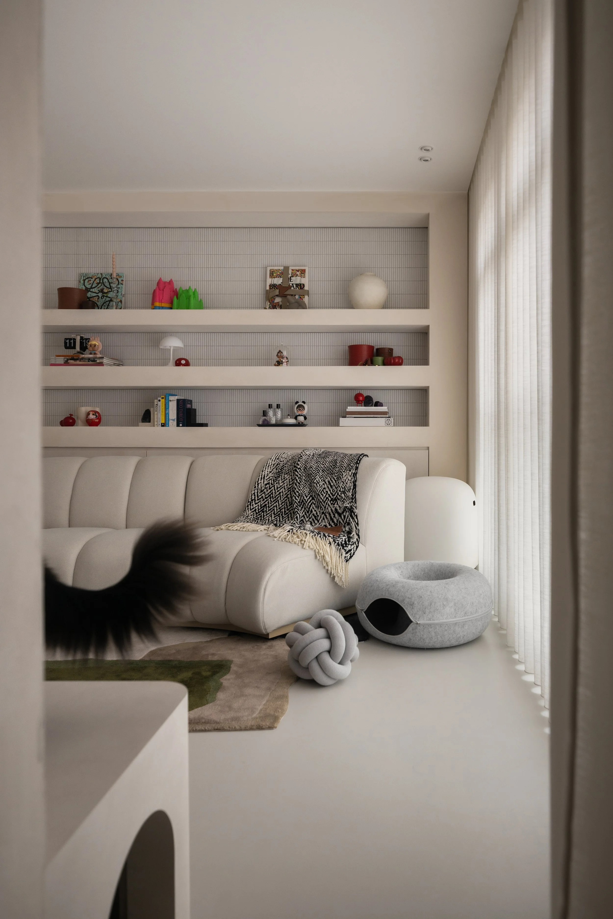 Modern living room with beige sofa, decorative items on shelves, a fuzzy gray pet bed, a knotted soft toy, and a black and white blanket draped over the sofa. Light-colored curtains cover the window, and the room has neutral, minimalist decor.