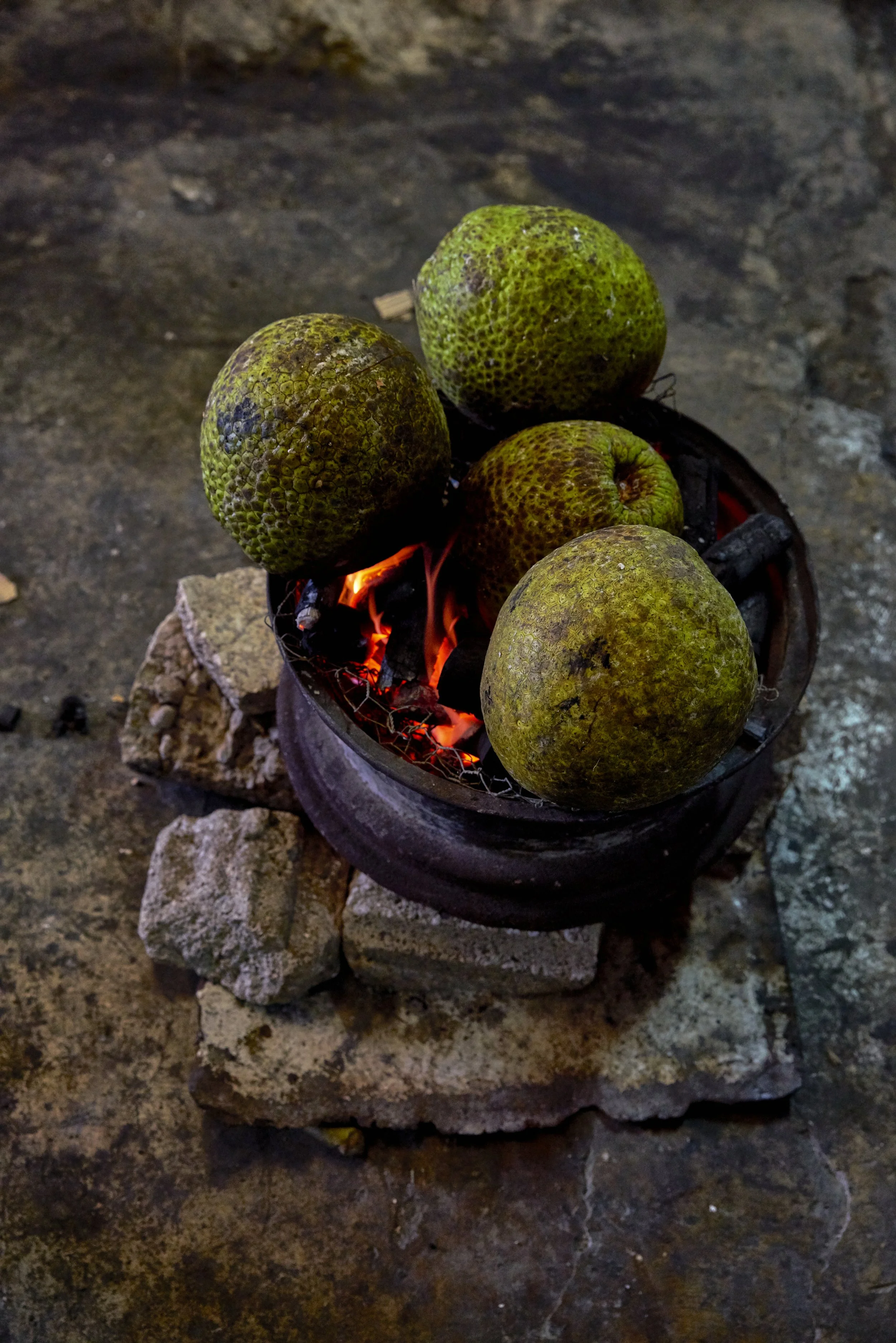 Ingredients over a circular outdoor stove.